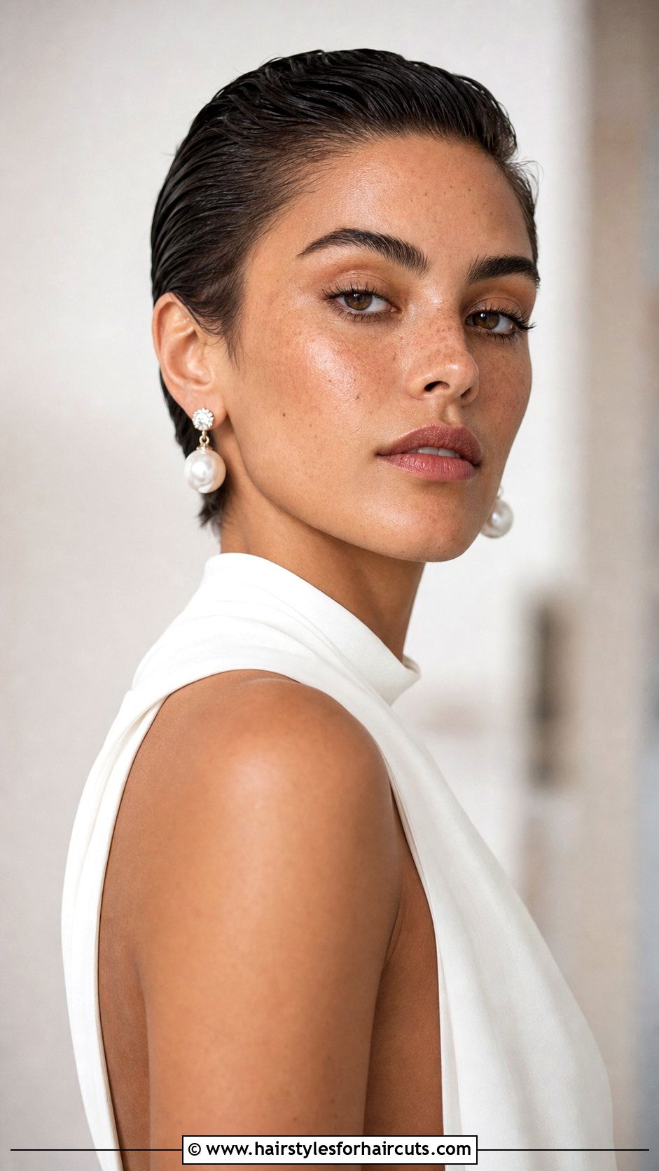 Slicked Back Pixie With Earrings - 25 wedding hairstyles for really short hair - 25 wedding hairstyles for really short hair