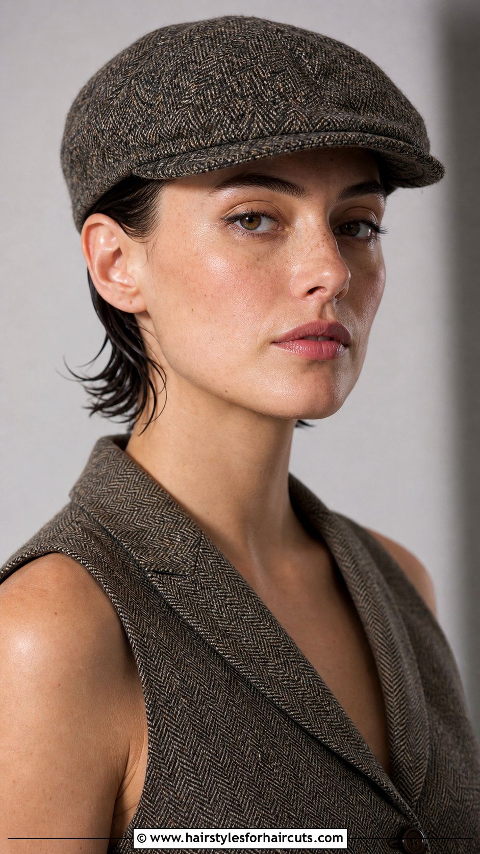 Slicked Back Short Hair With Flat Cap - 25 hat hairstyles for short hair - 25 hat hairstyles for short hair