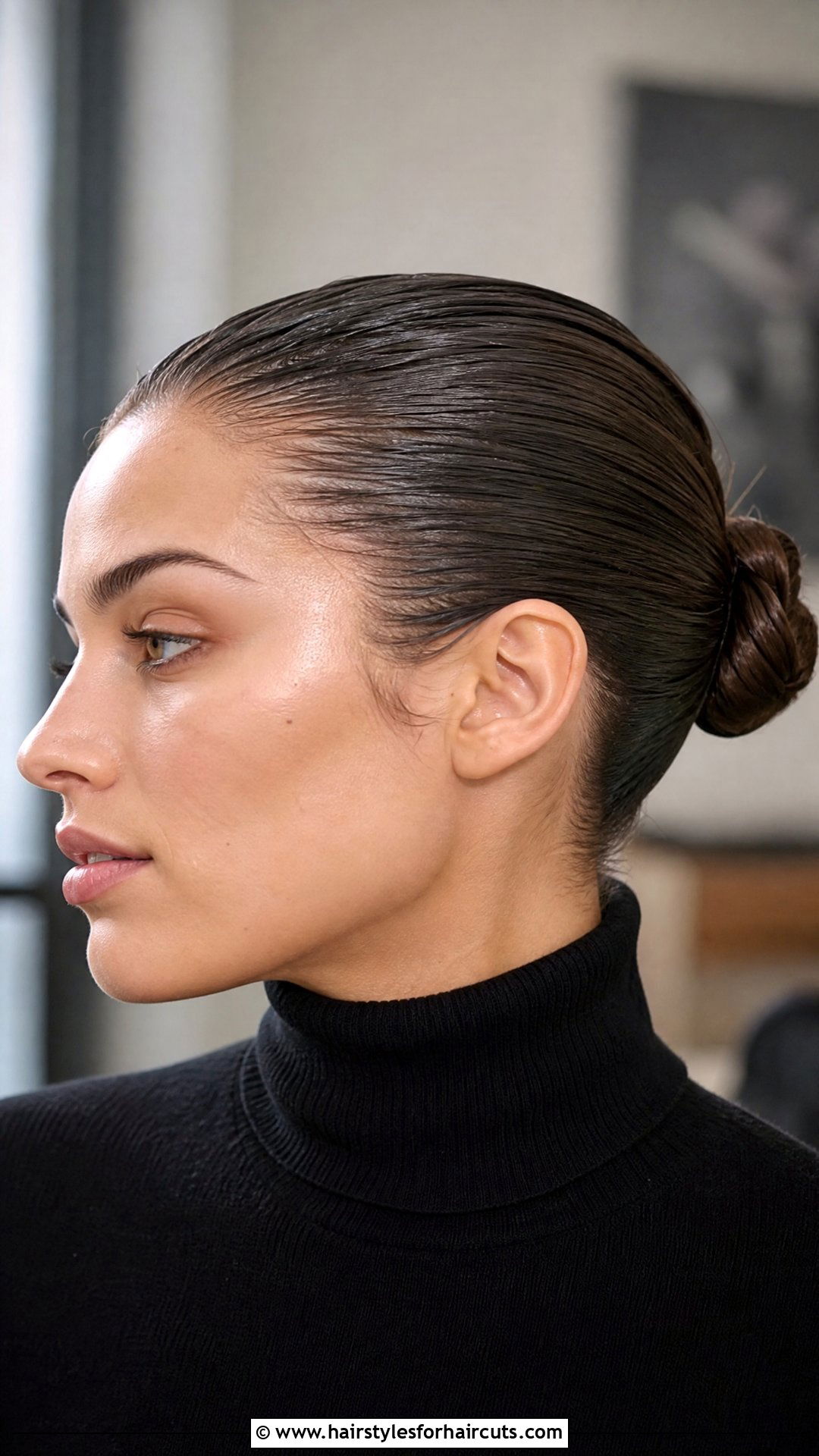 Slicked Back Wet Bun - 25 wet hair hairstyles - 25 wet hair hairstyles