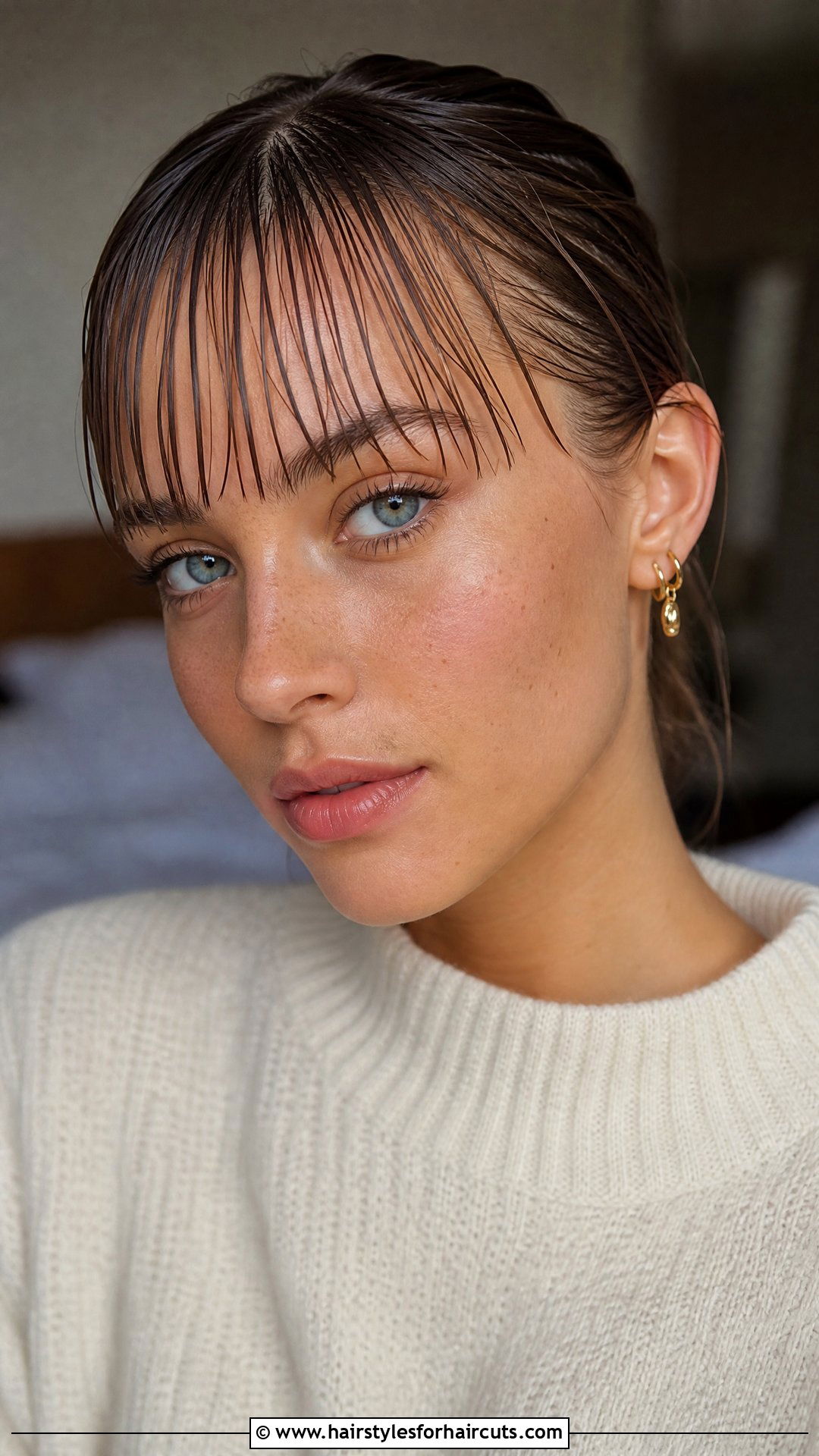 Slicked Down Wet Bangs - 25 wet hair hairstyles - 25 wet hair hairstyles