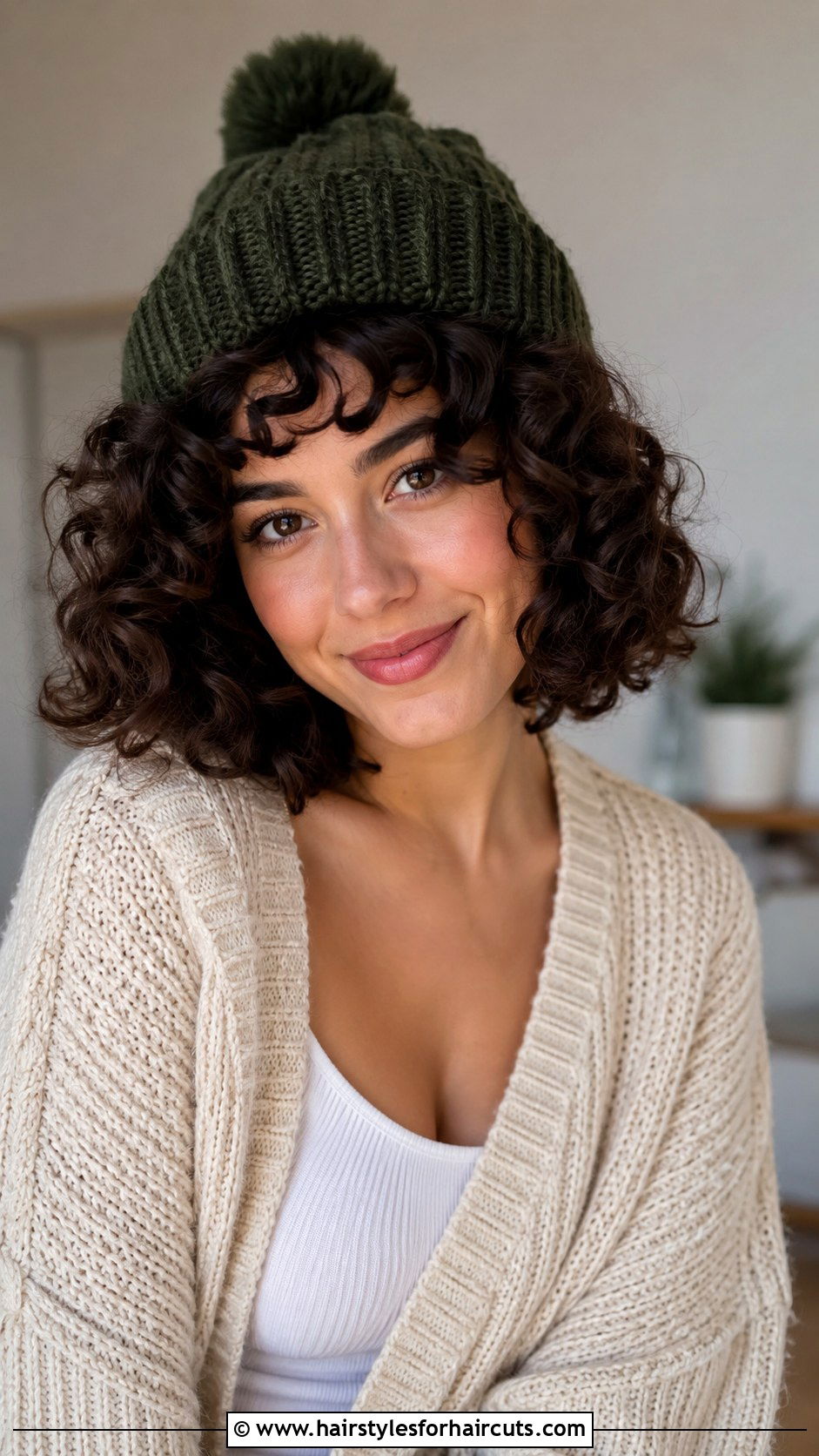 Soft Curly Bob With Beanie - 25 cute hairstyles for winter - 25 cute hairstyles for winter