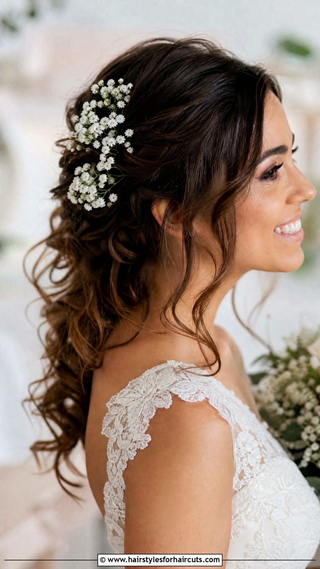 Soft Curly Wedding Hairstyle With Baby Breath - 25 wedding hairstyles for shoulder length curly hair - 25 wedding hairstyles for shoulder length curly hair