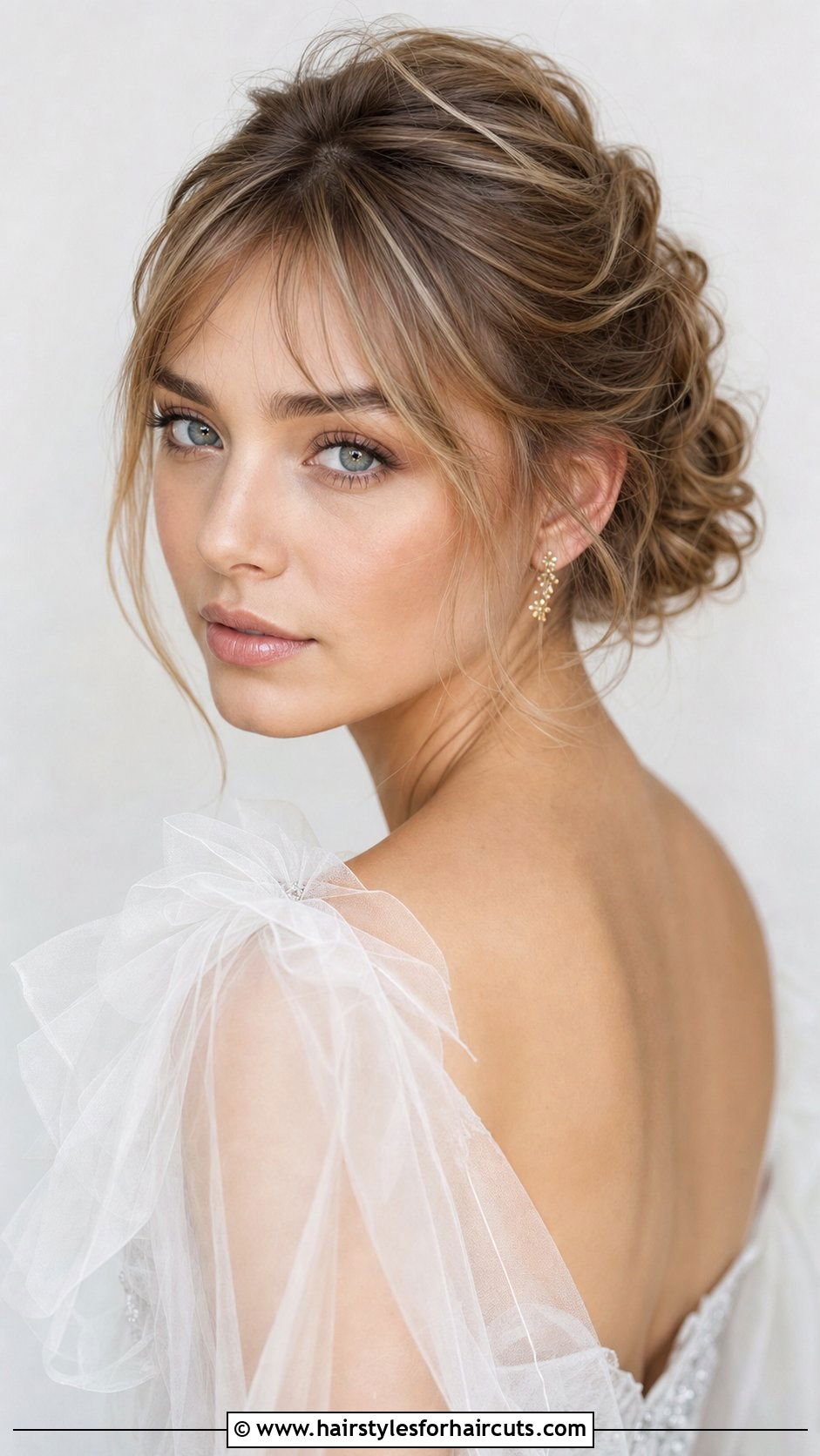 Soft Updo With Feathery Bangs - 25 wedding hairstyles with bangs for long hair - 25 wedding hairstyles with bangs for long hair