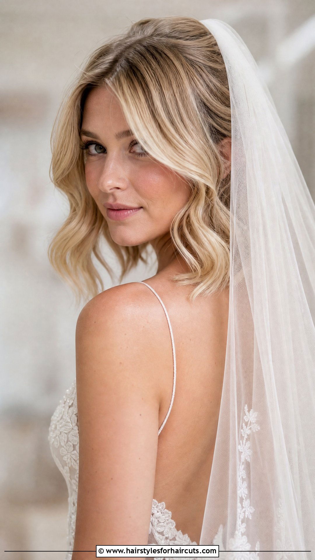 Soft Waved Lob With Waterfall Veil - 25 wedding hairstyles for short hair with veil - 25 wedding hairstyles for short hair with veil