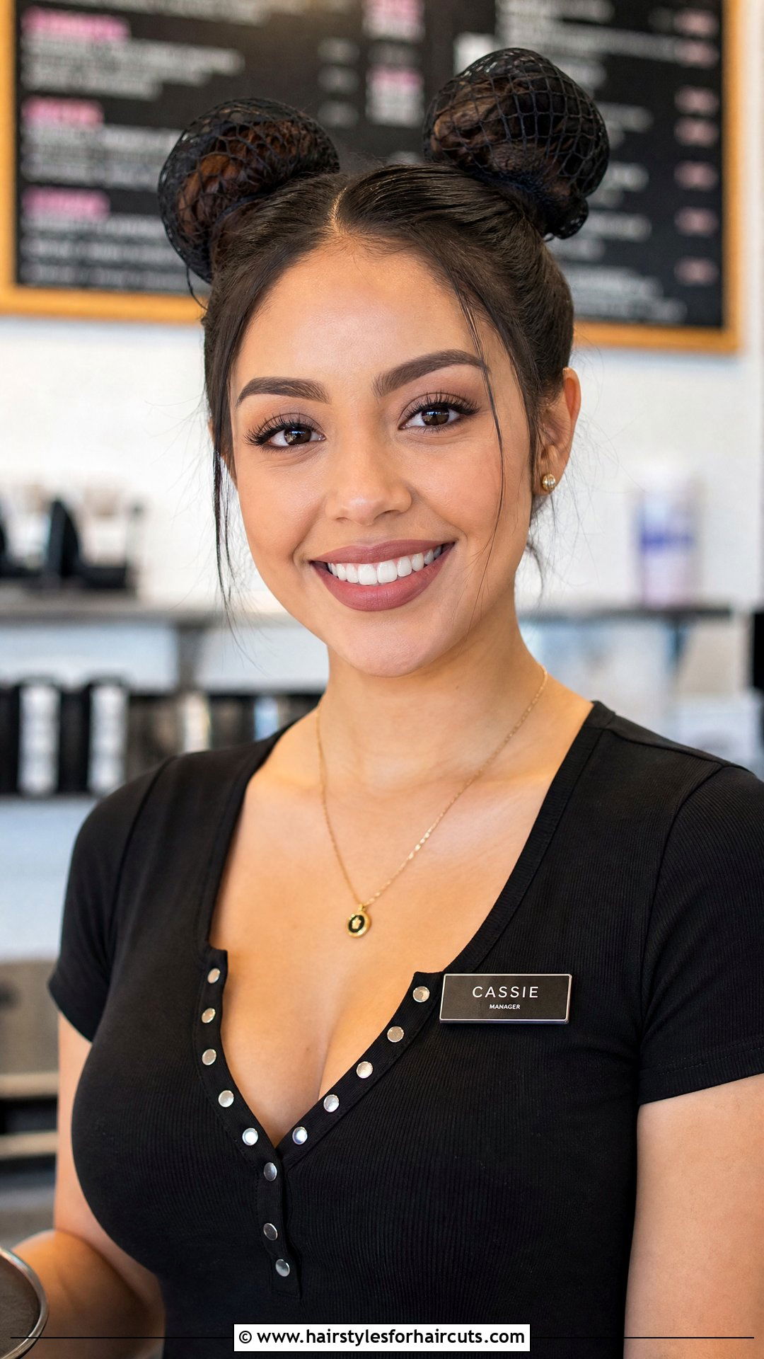 Space Buns With Hair Nets - 25 food service hairstyles for long hair - 25 food service hairstyles for long hair