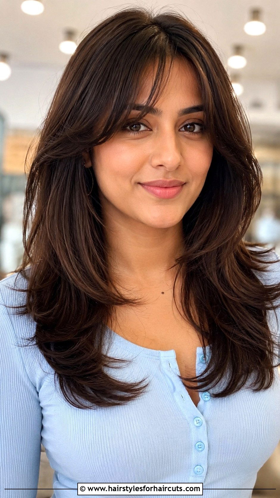 Step Cut With Curtain Bangs - 25 indian haircuts for long hair with names - 25 indian haircuts for long hair with names