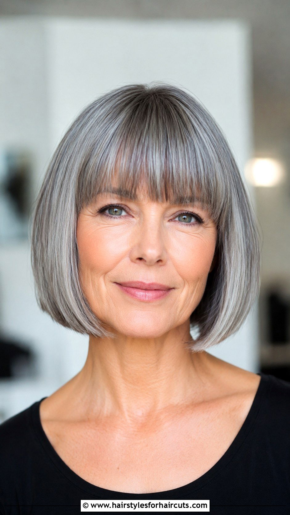 Straightened Fringe Grey Bob - 25 grey hair short haircuts - 25 grey hair short haircuts