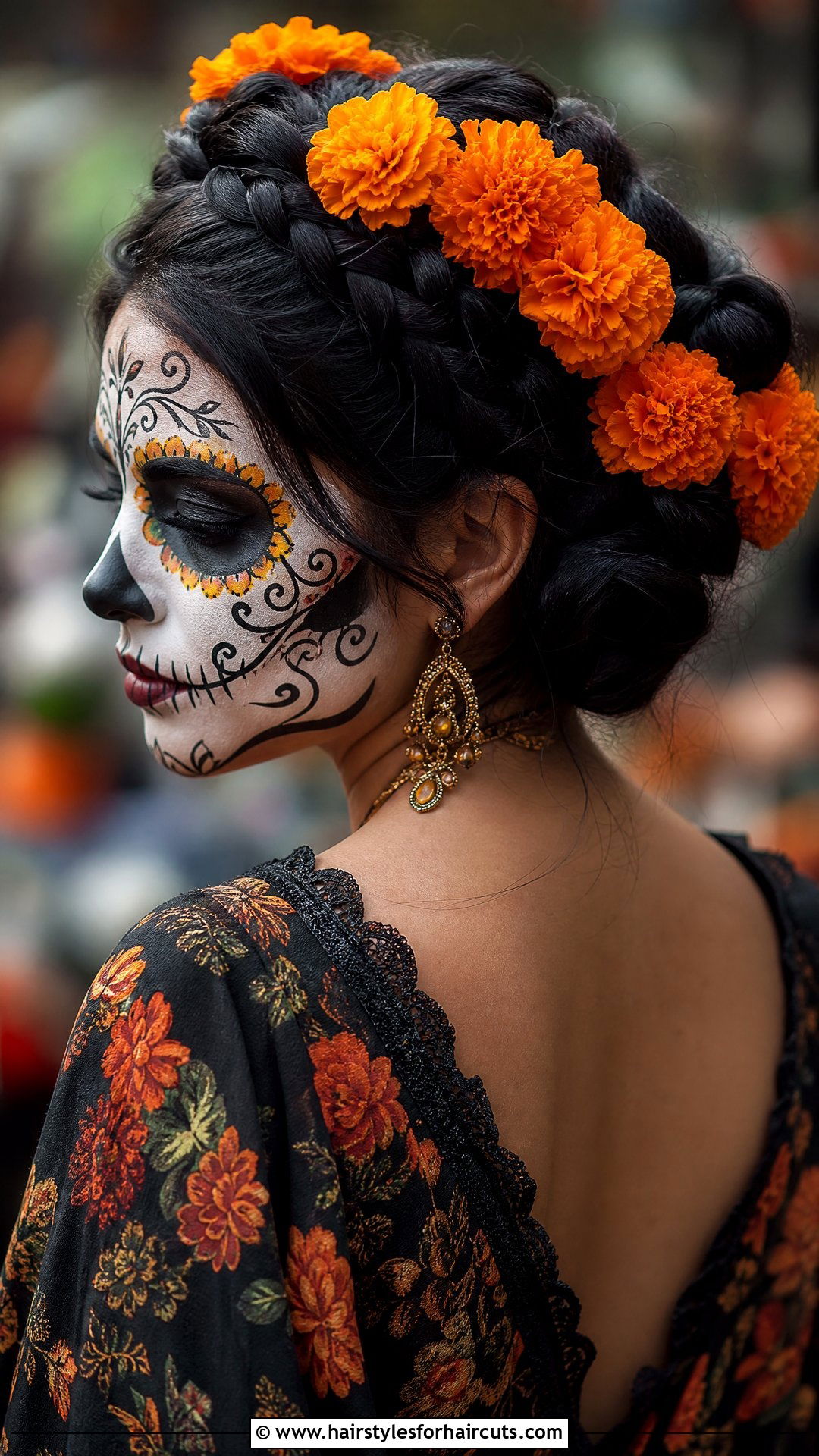 Sugar Skull Braided Updo With Marigolds - 25 day of the dead hairstyles - 25 day of the dead hairstyles