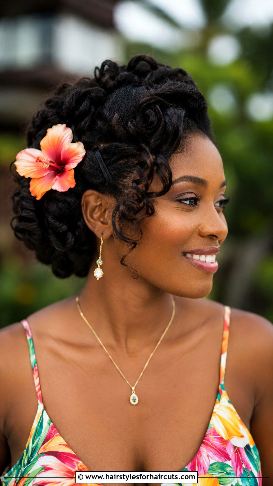 Swept Curly Updo With Flower Accessory - 25 curly pin up hairstyles for black hair - 25 curly pin up hairstyles for black hair
