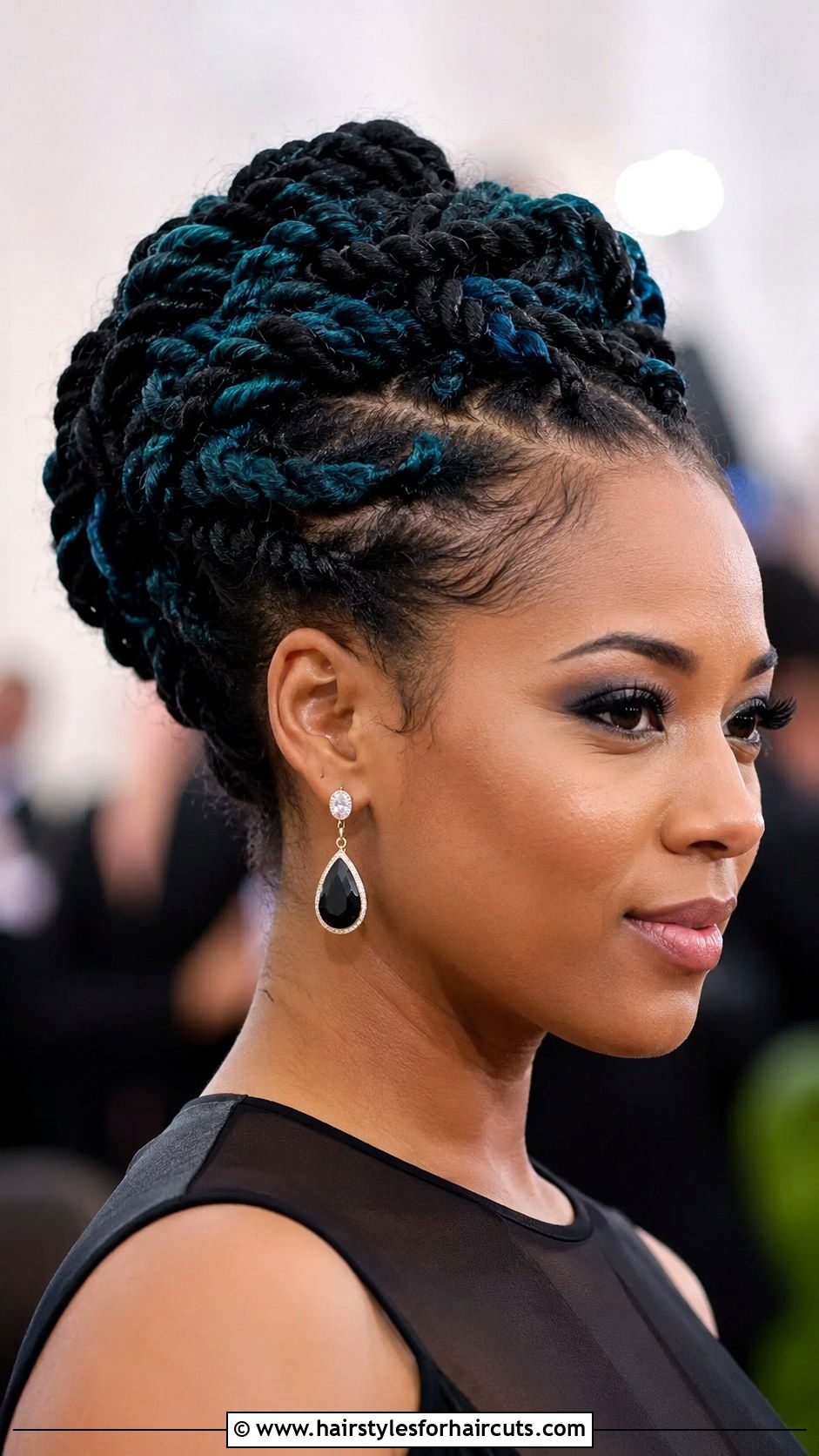 Teal Ombre On Black Twisted Updo - 25 ombre hairstyles for black hair - 25 ombre hairstyles for black hair