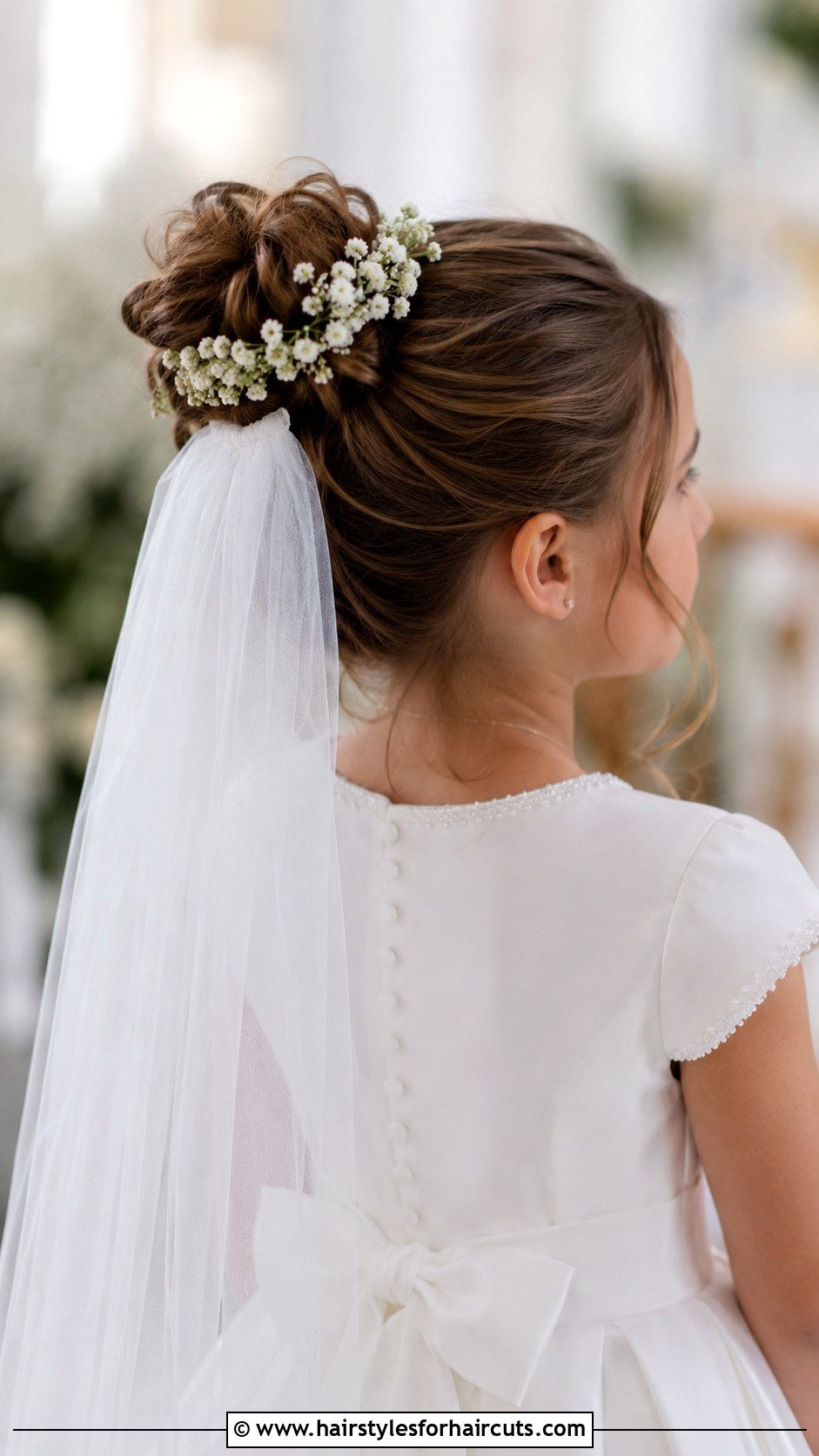 Tendril Low Bun For First Communion - 25 hairstyles for first communion - 25 hairstyles for first communion