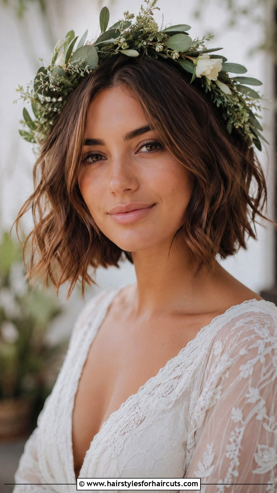 Textured Bob With Floral Crown - 25 bride hairstyles for short hair - 25 bride hairstyles for short hair