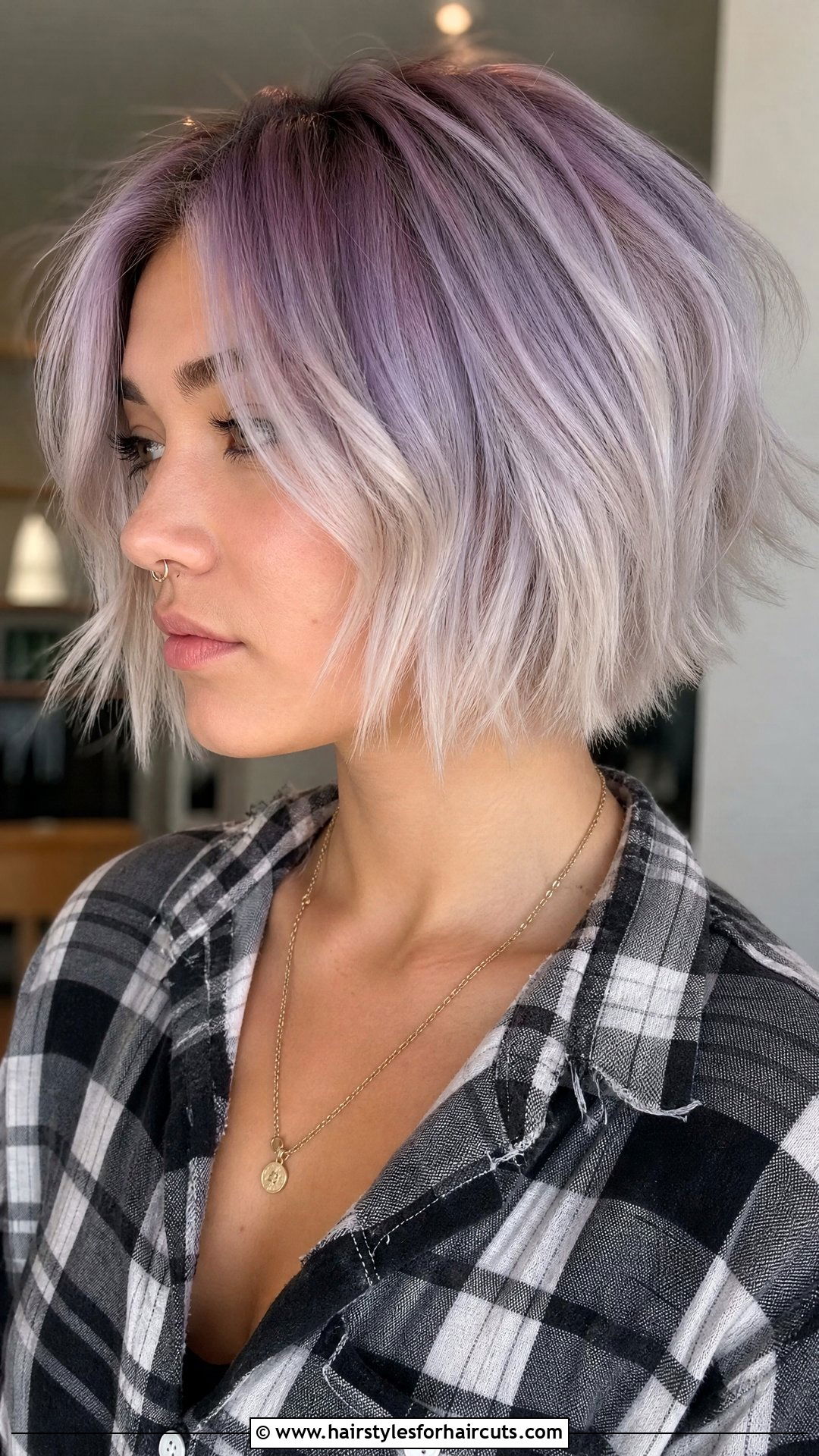 Textured Bob With Lavender Roots - 25 e girl hairstyles short hair - 25 e girl hairstyles short hair