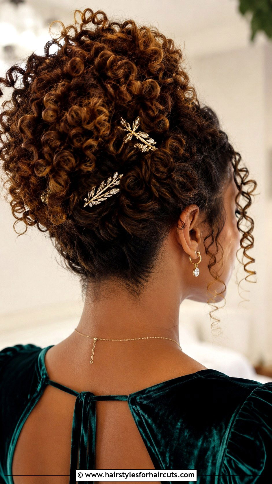 Textured Curly Bun With Gold Clips - 25 rustic wedding hairstyles for long hair - 25 rustic wedding hairstyles for long hair
