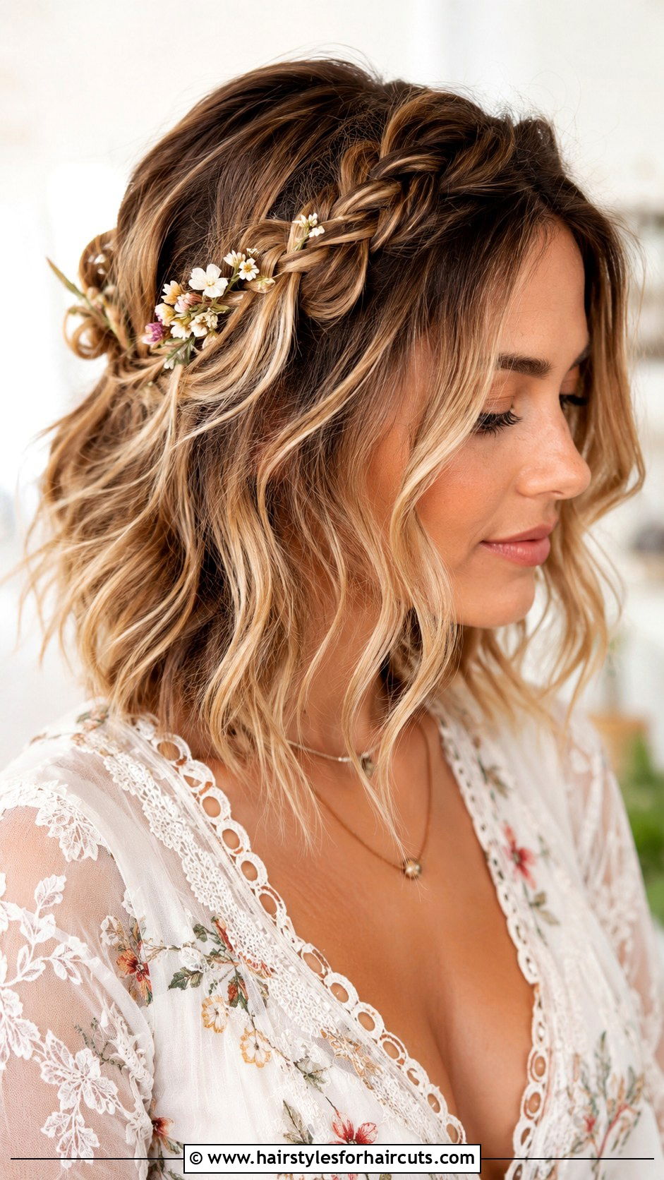 Textured Lob With Braided Crown - 25 bridal hairstyles for short thin hair - 25 bridal hairstyles for short thin hair