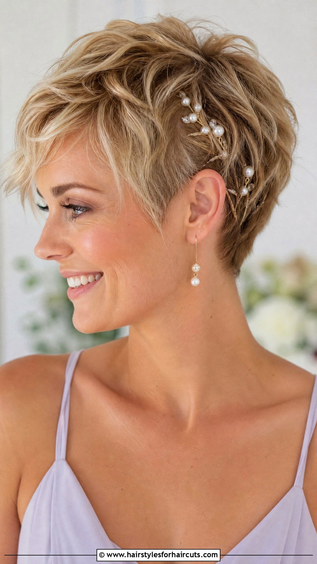 Textured Pixie With Pearl Pins - 25 wedding party hairstyles for short hair - 25 wedding party hairstyles for short hair