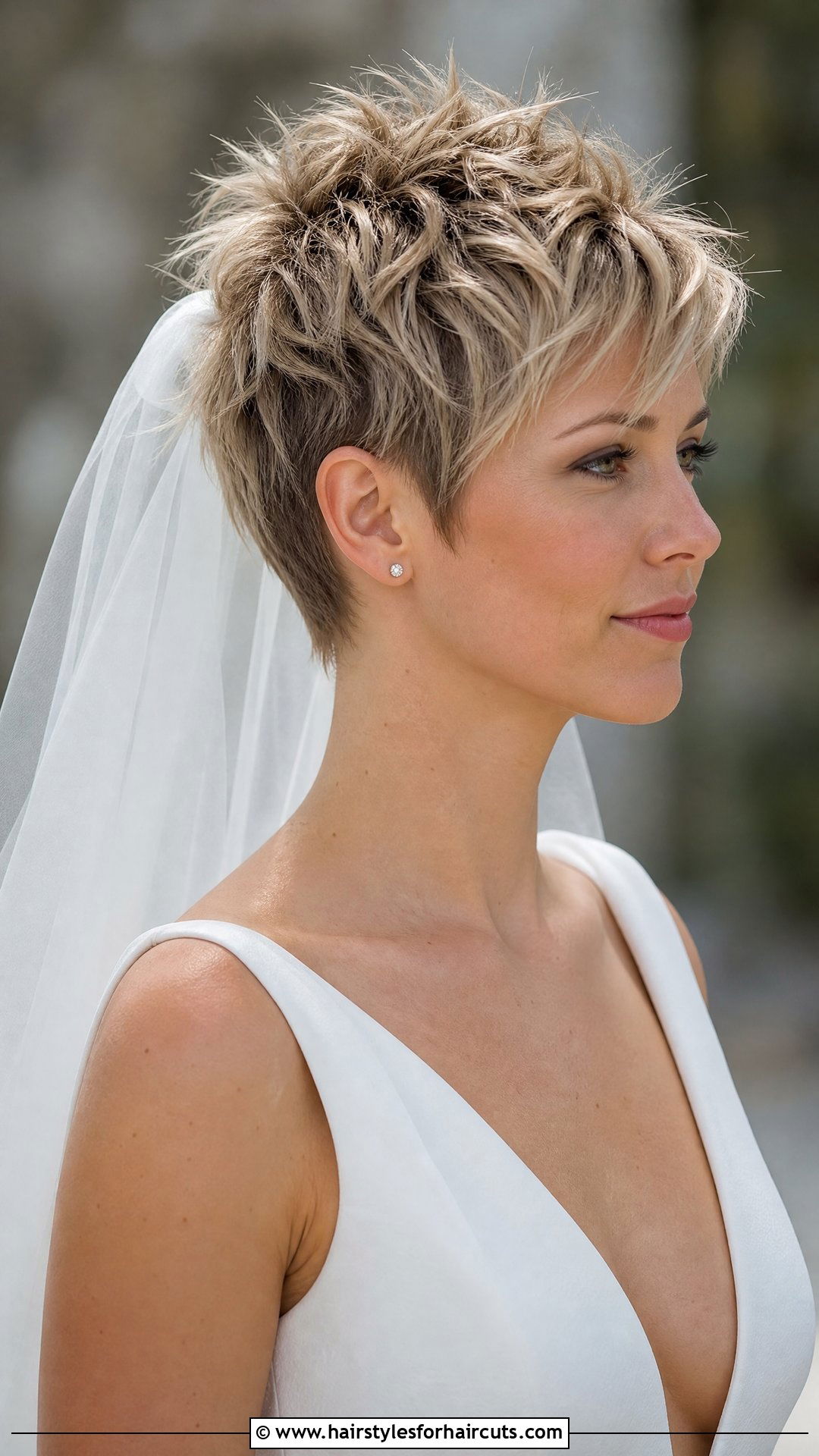 Textured Spiky Pixie With Single Tier Veil - 25 wedding hairstyles for short hair with veil - 25 wedding hairstyles for short hair with veil