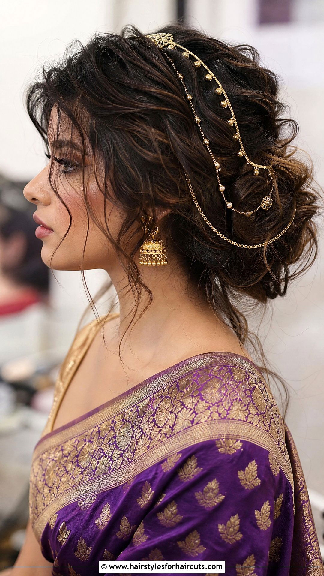 Textured Updo With Gold Hair Chains - 25 wedding hairstyles for saree - 25 wedding hairstyles for saree