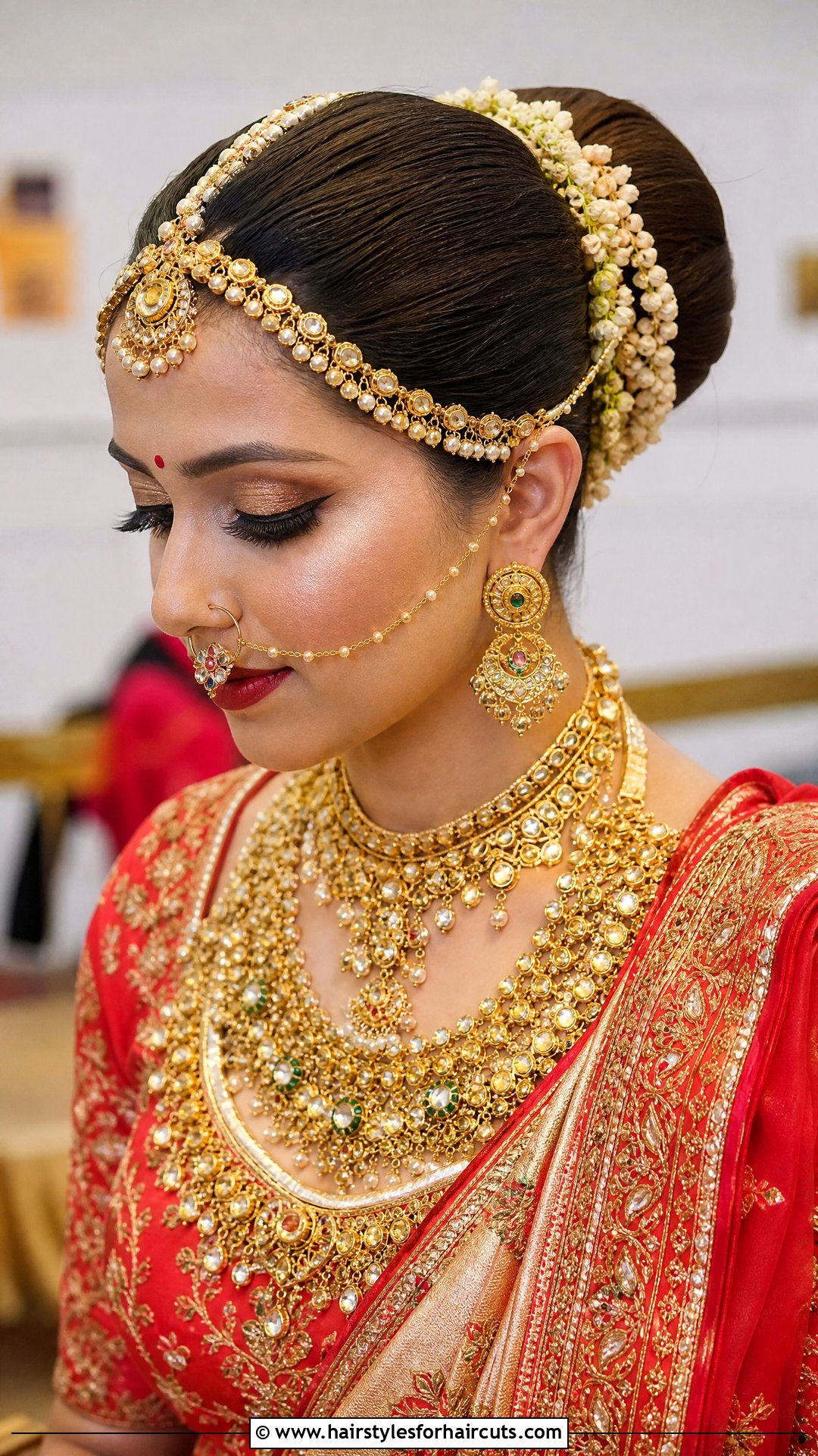 Traditional Juda With Matha Patti - 25 wedding hairstyles for saree - 25 wedding hairstyles for saree