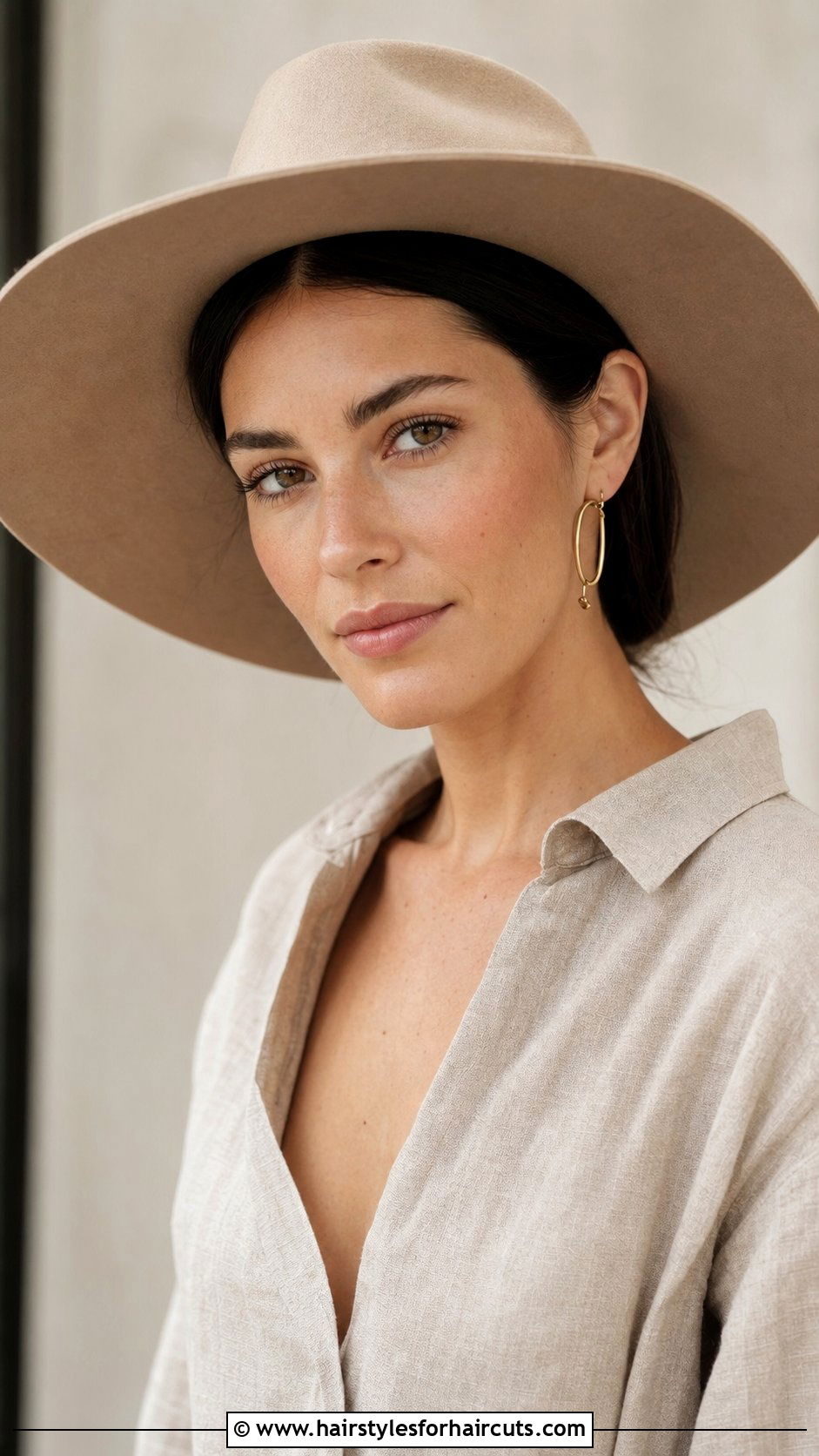 Tucked Behind Ears With Wide Brim Hat - 25 hat hairstyles for short hair - 25 hat hairstyles for short hair