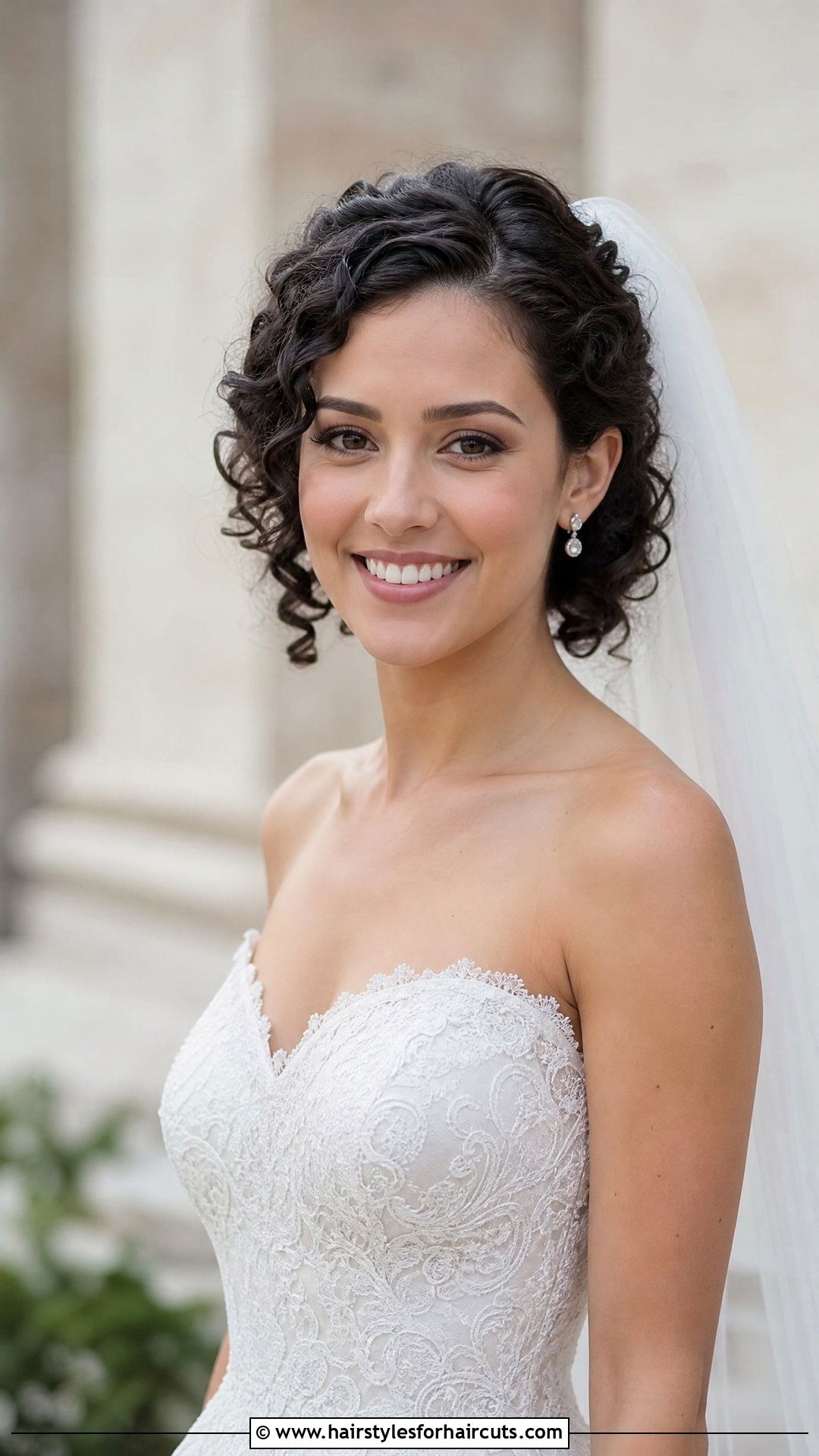 Tucked Curly Bob With Veil - 25 wedding hairstyles for short curly hair - 25 wedding hairstyles for short curly hair