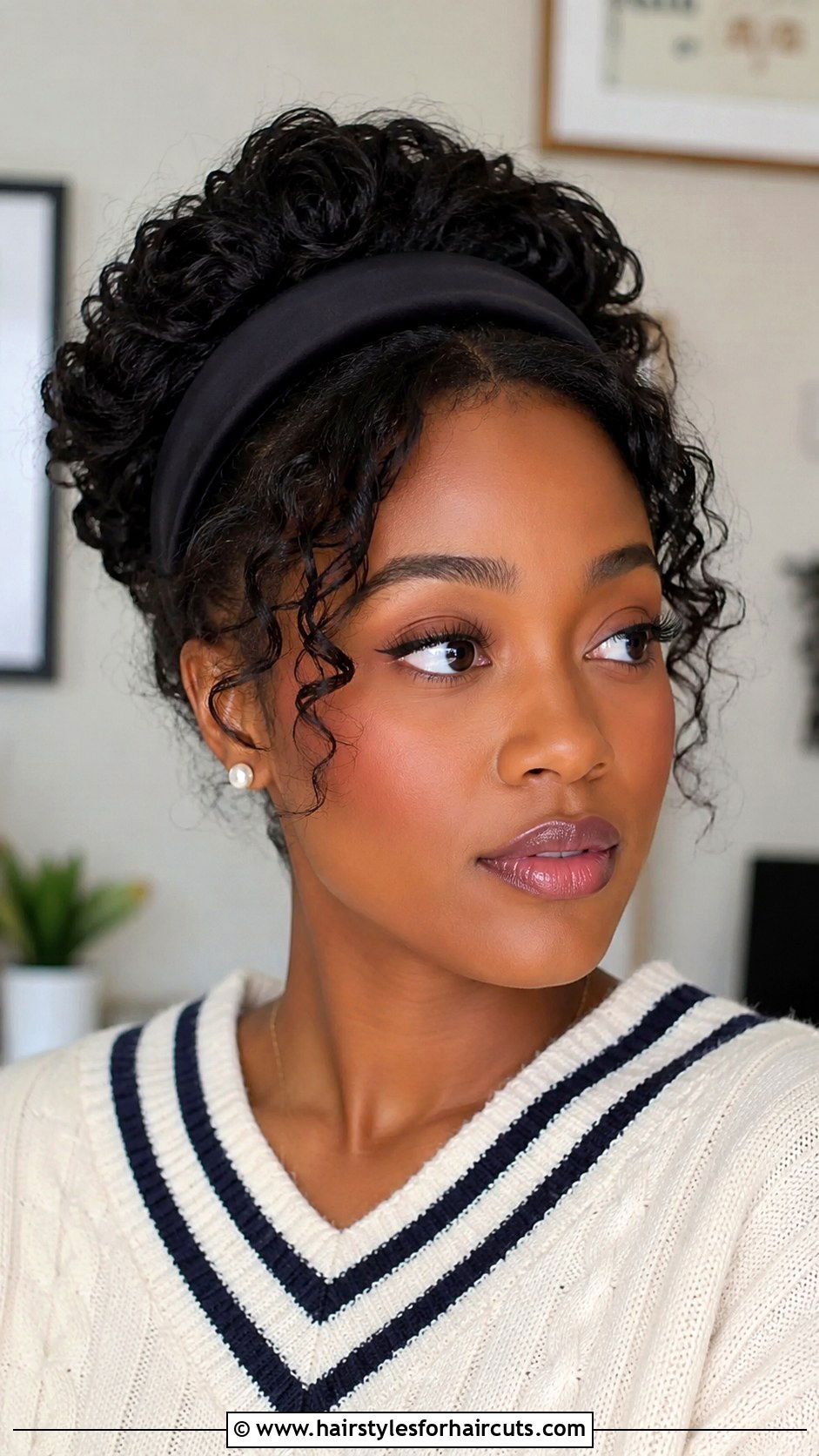 Tucked Curly Updo With Headband - 25 curly pin up hairstyles for black hair - 25 curly pin up hairstyles for black hair