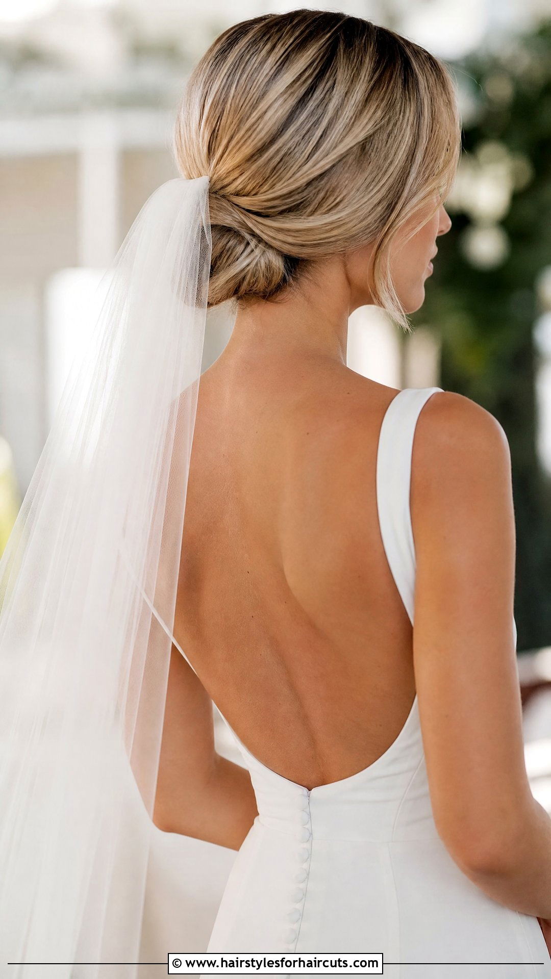 Tucked Low Bun Bob With Single Tier Veil - 25 wedding hairstyles for short hair with veil - 25 wedding hairstyles for short hair with veil