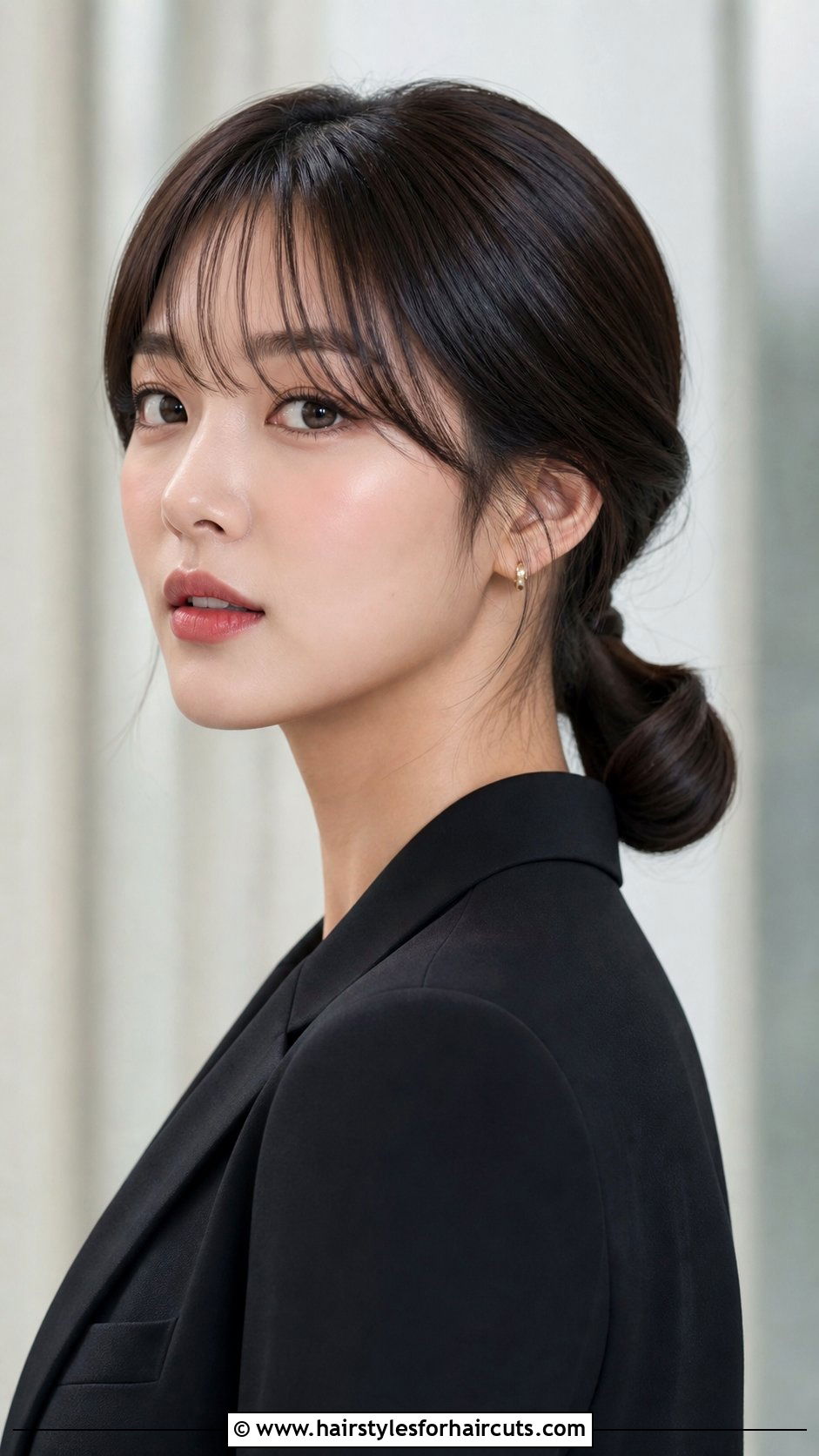 Tucked Low Ponytail With Wispy Bangs - 25 formal hairstyles for medium hair with bangs - 25 formal hairstyles for medium hair with bangs