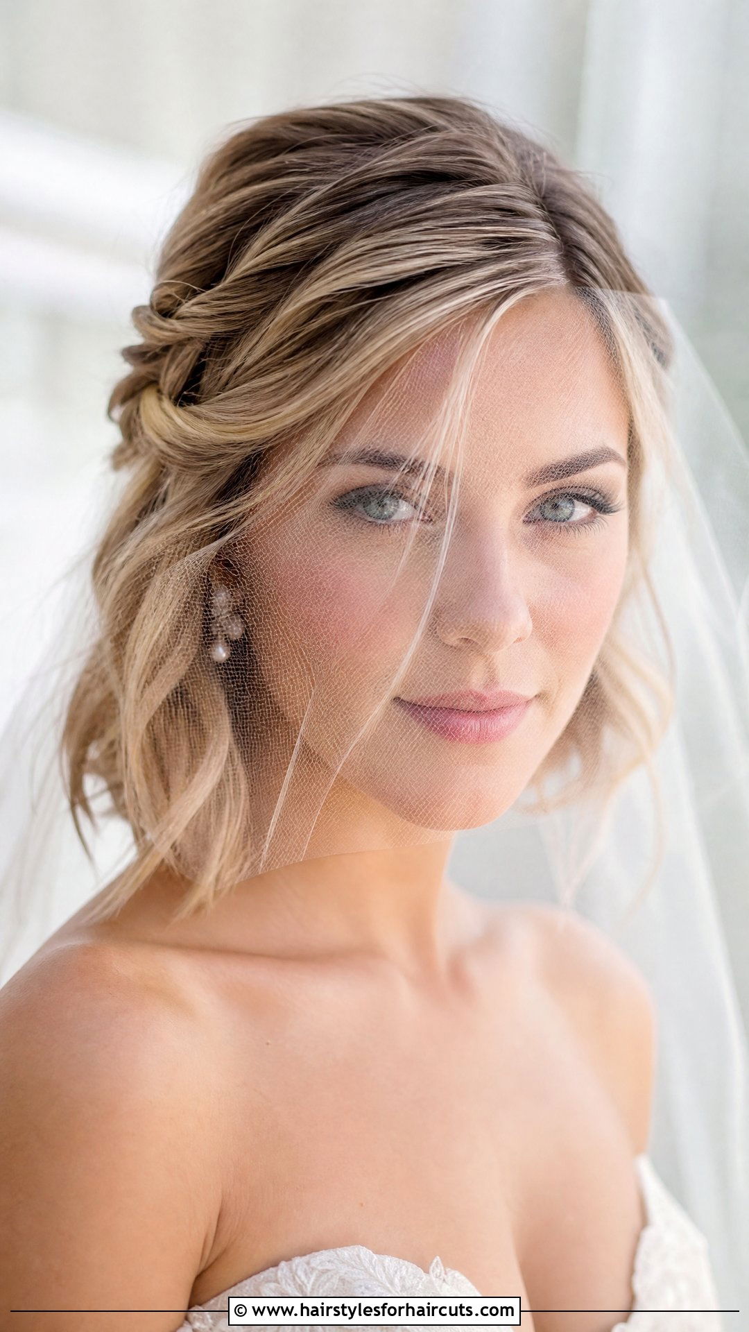 Twisted Half Up Bob With Blusher Veil - 25 wedding hairstyles for short hair with veil - 25 wedding hairstyles for short hair with veil