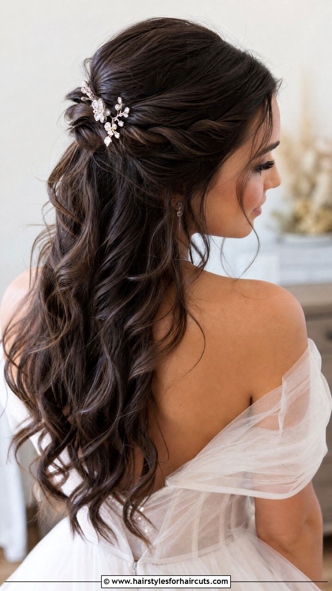 Twisted Half Up Bridal Hairstyle - 25 wedding hairstyles for dark hair - 25 wedding hairstyles for dark hair