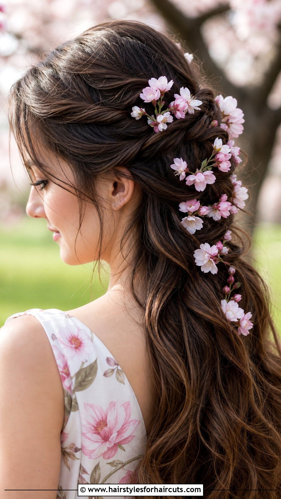 Twisted Half Updo With Cherry Blossoms - 25 wedding hairstyles with flowers for long hair - 25 wedding hairstyles with flowers for long hair