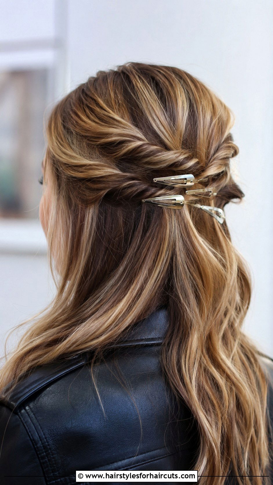 Twisted Half Updo With Snap Clips - 25 hair clip hairstyles for long hair - 25 hair clip hairstyles for long hair