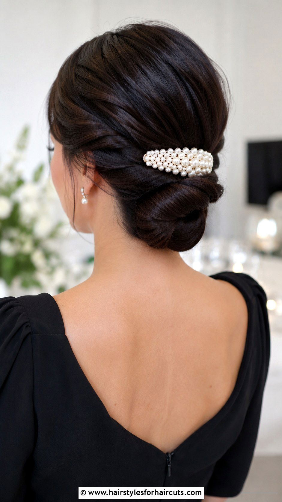 Twisted Low Bun With Pearl Clip - 25 hair clip hairstyles - 25 hair clip hairstyles