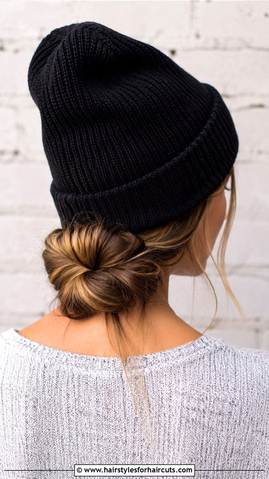Twisted Low Updo With Beanie - 25 beanie hairstyles for long hair - 25 beanie hairstyles for long hair