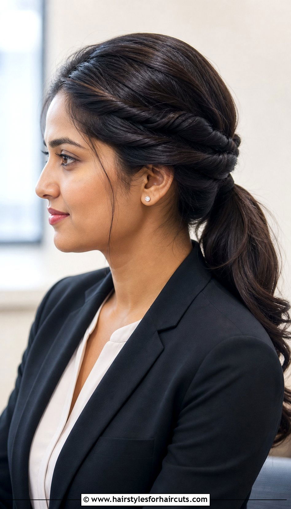 Twisted Side Sweep Low Ponytail - 25 off the face hairstyles for medium hair - 25 off the face hairstyles for medium hair