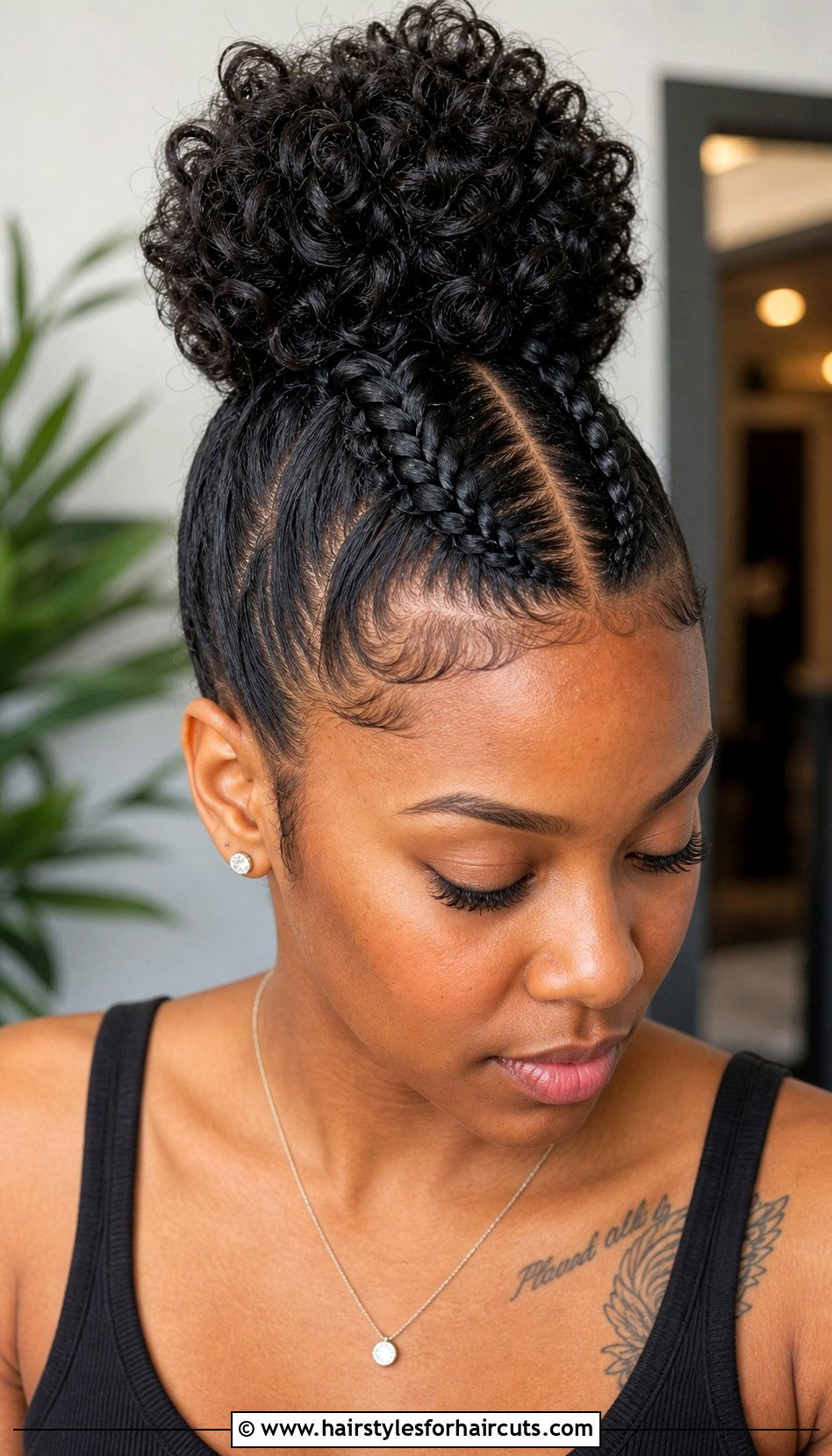 Two Braids With Curly Bun Updo - 25 curly braided updo hairstyles for black hair - 25 curly braided updo hairstyles for black hair