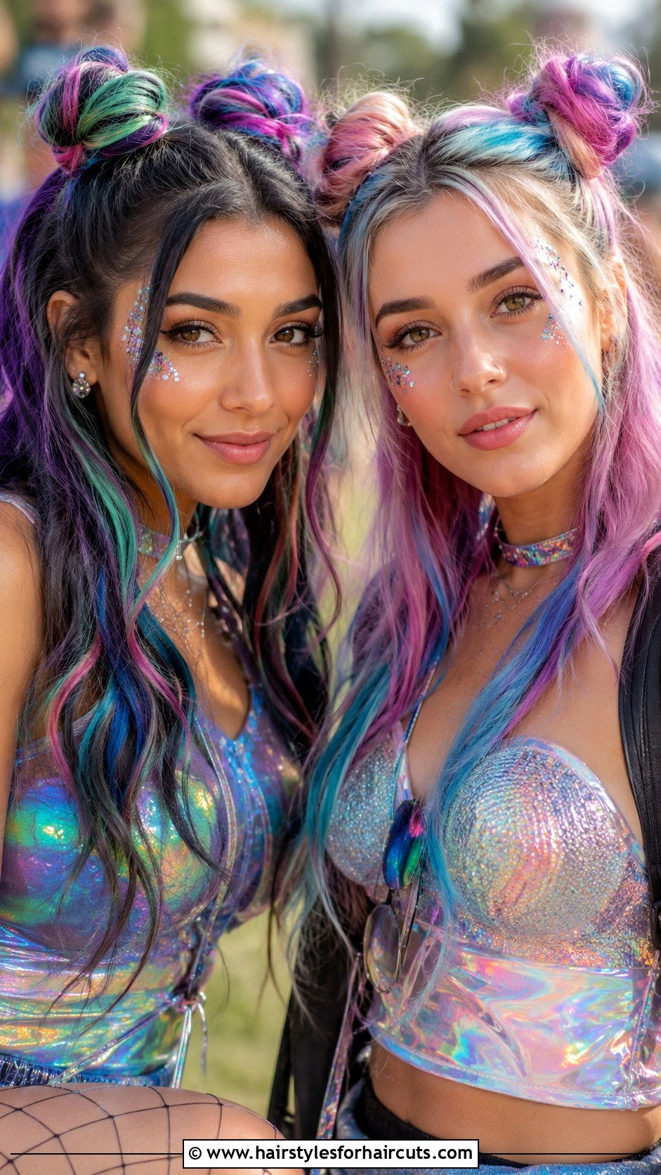 Two Buns With Colorful Highlights - 25 two buns hairstyles with hair down - 25 two buns hairstyles with hair down