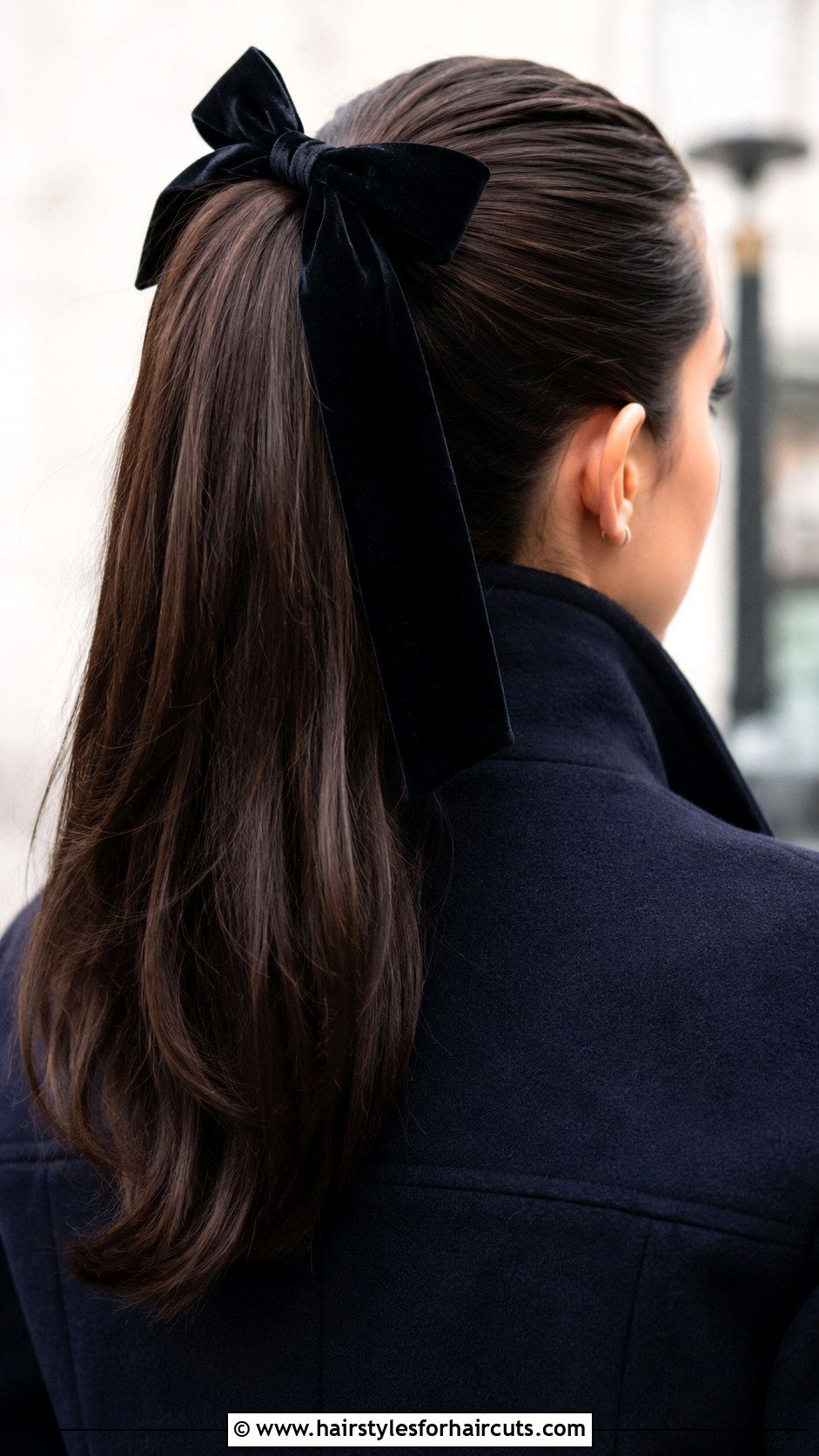 Velvet Bow High Ponytail - 25 cute winter hairstyles for long hair - 25 cute winter hairstyles for long hair