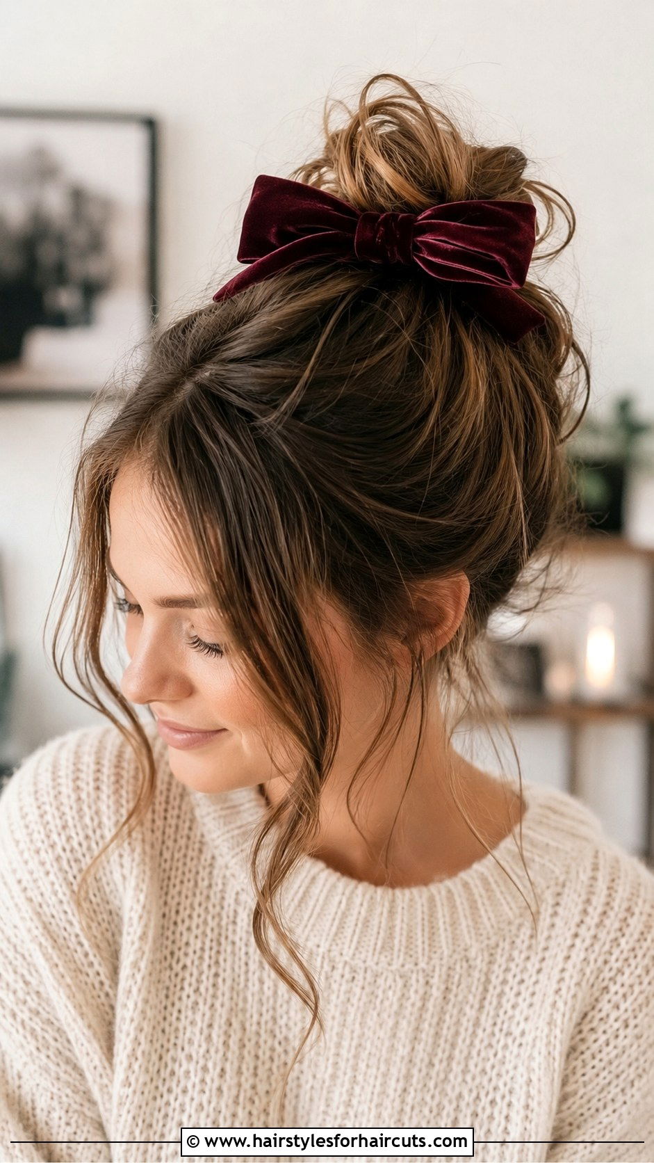Velvet Bow Messy Bun Hairstyle - 25 christmas hairstyles - 25 christmas hairstyles