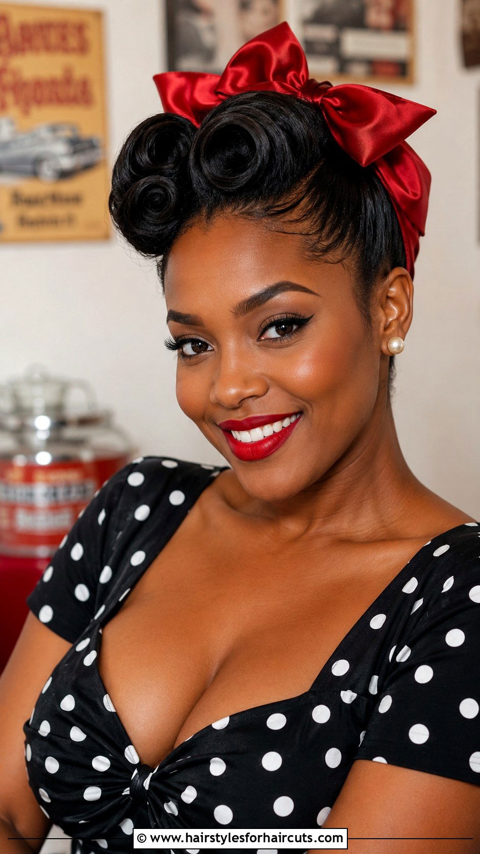 Vintage Curly Pin Up With Bows - 25 curly pin up hairstyles for black hair - 25 curly pin up hairstyles for black hair