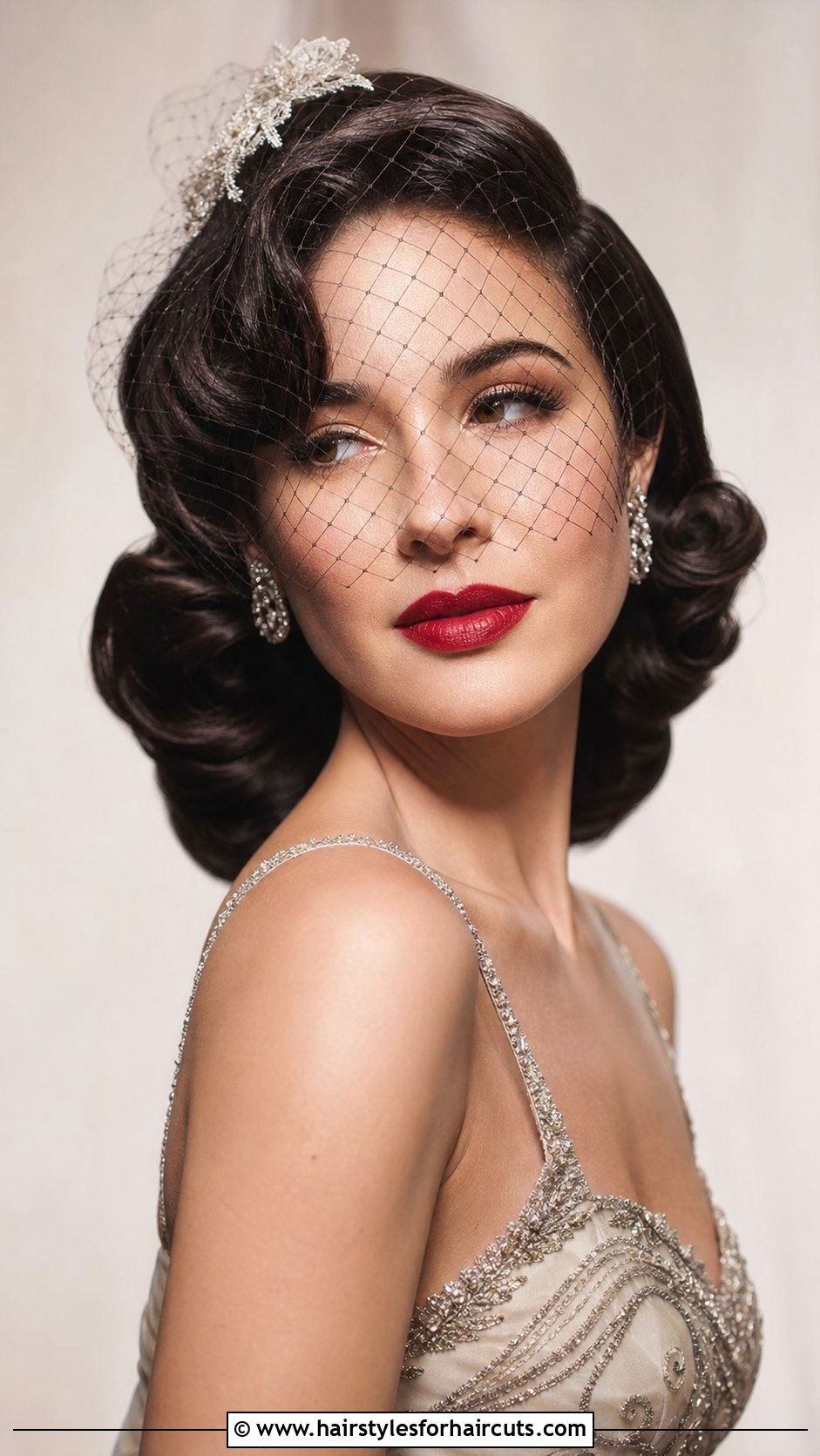 Vintage Hollywood Waves With Birdcage Veil - 25 hair down wedding hairstyles with veil - 25 hair down wedding hairstyles with veil