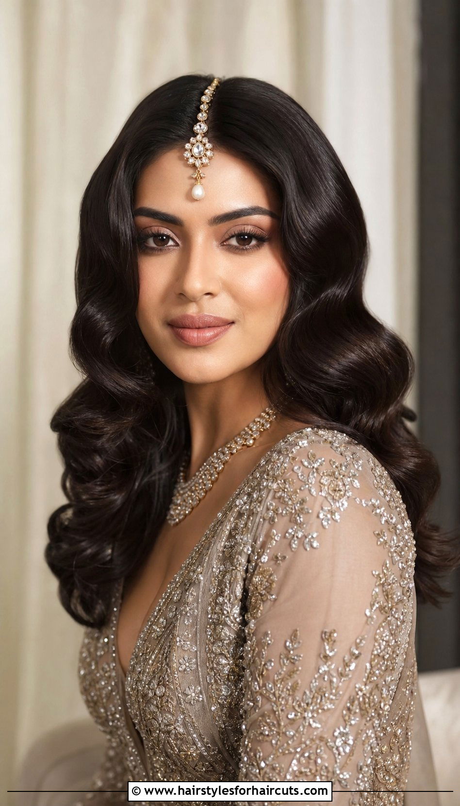Vintage Hollywood Waves With Maang Tikka - 25 modern indian wedding hairstyles for long hair - 25 modern indian wedding hairstyles for long hair