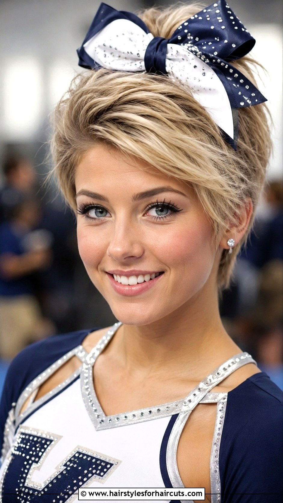 Volume Swept Pixie With Bow - 25 cheerleading hairstyles for short hair - 25 cheerleading hairstyles for short hair