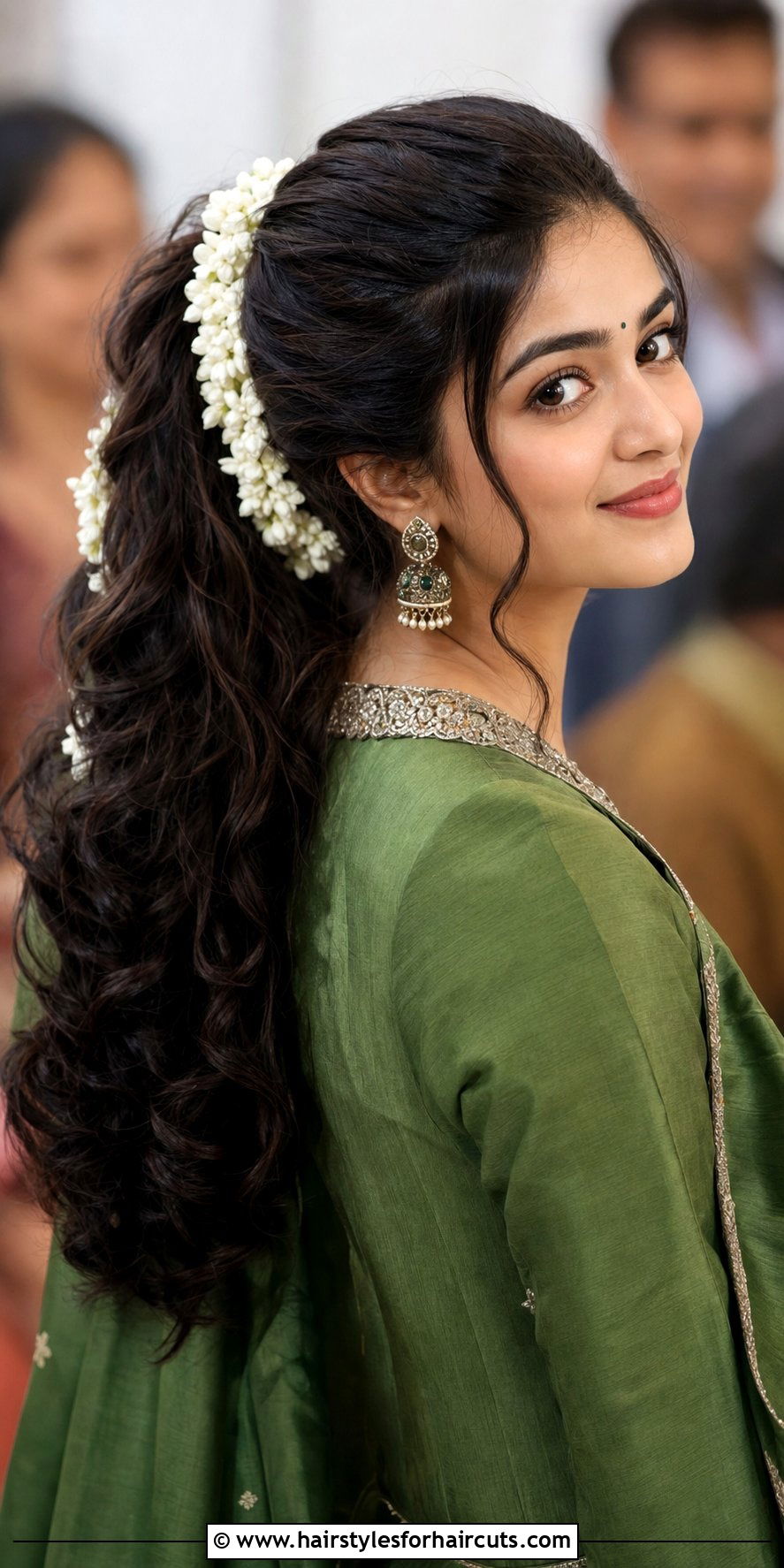 Voluminous Curled Ponytail With Gajra - 25 long hair pakistani party hairstyles - 25 long hair pakistani party hairstyles