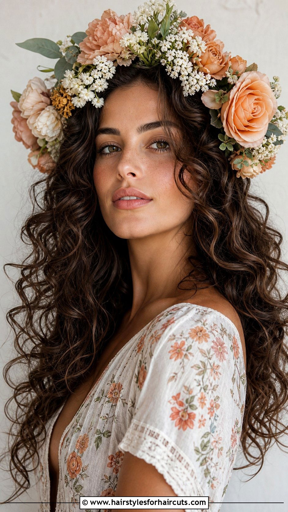 Voluminous Curls With Flower Crown - 25 wedding hairstyles with flowers for long hair - 25 wedding hairstyles with flowers for long hair