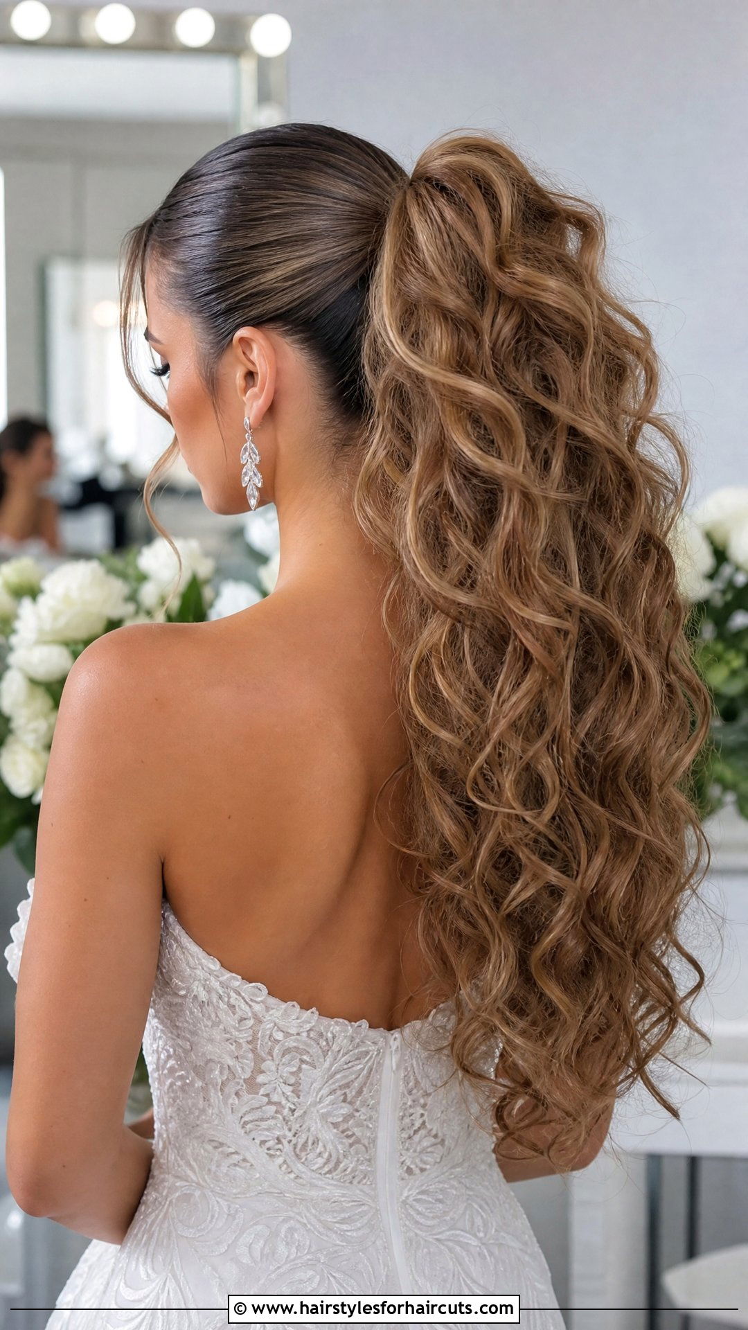 Voluminous Curly Bridal Ponytail - 25 curly wedding hairstyles for mixed hair - 25 curly wedding hairstyles for mixed hair