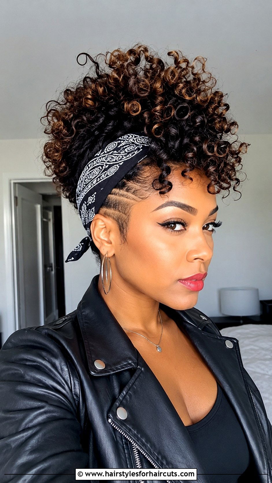 Voluminous Curly Faux Hawk With Bandana - 25 bandana hairstyles curly hair - 25 bandana hairstyles curly hair