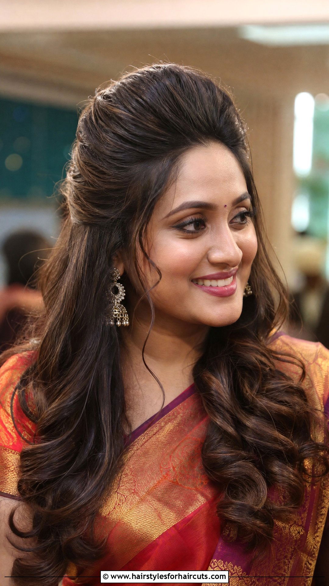 Voluminous Pouf With Loose Curls - 25 wedding hairstyles for saree - 25 wedding hairstyles for saree