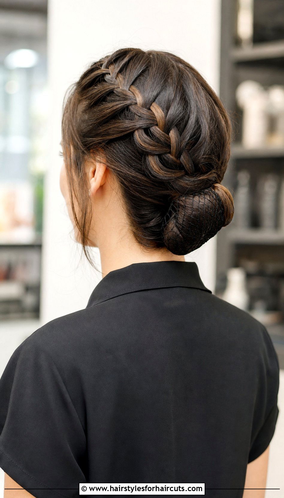 Waterfall Braid Into Low Bun - 25 hair net hairstyles for work - 25 hair net hairstyles for work