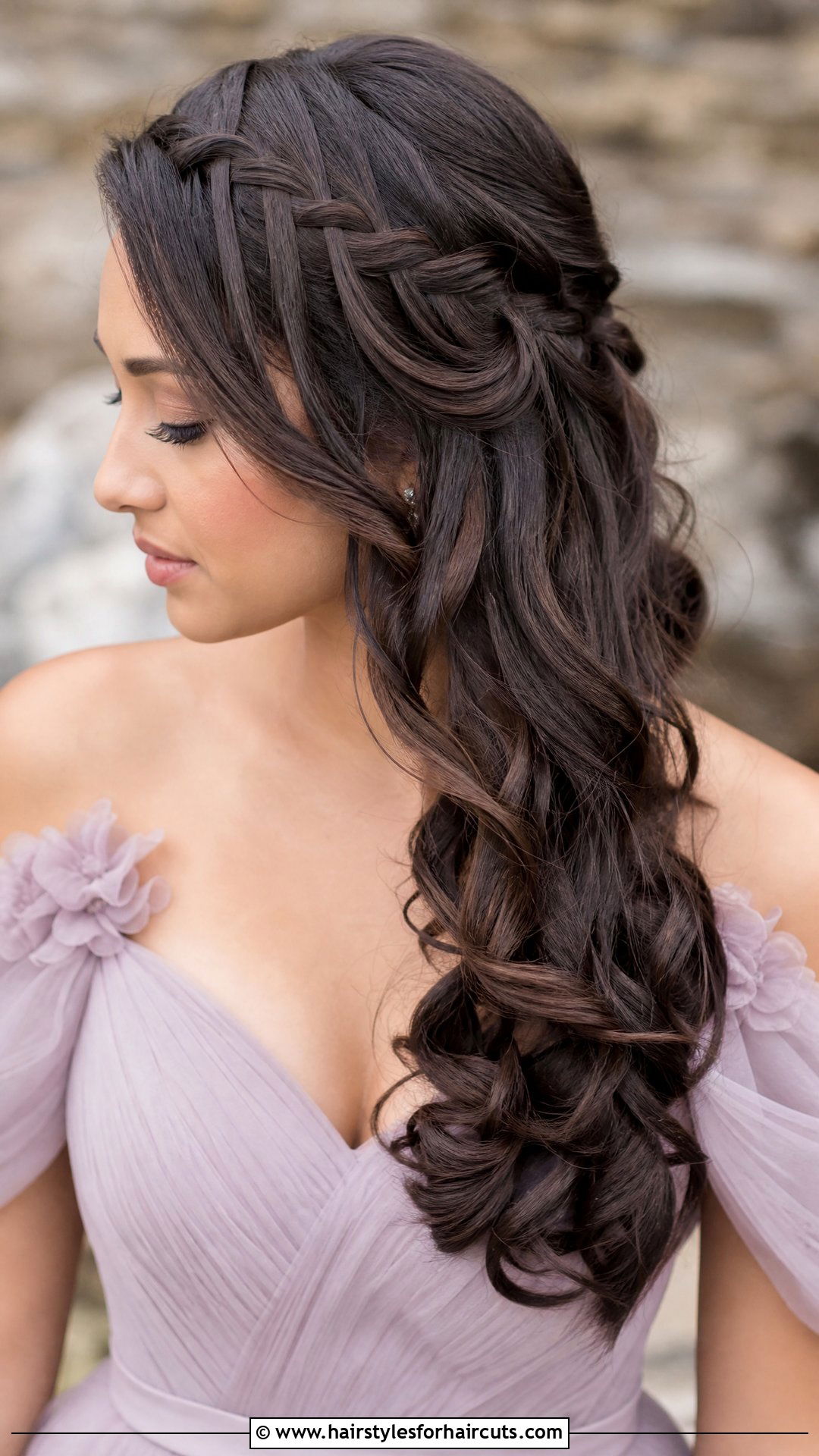 Waterfall Braid With Dark Curls - 25 wedding hairstyles for dark hair - 25 wedding hairstyles for dark hair